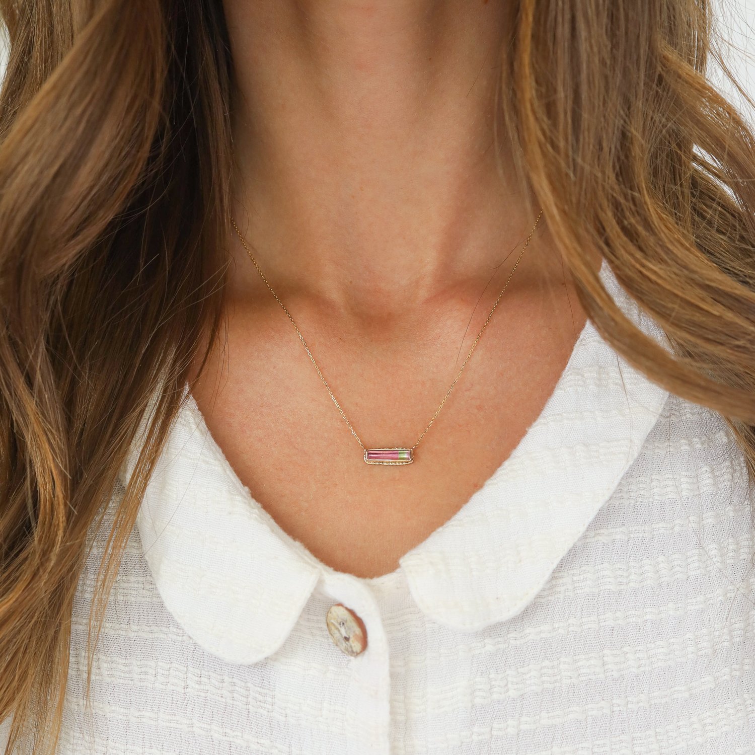 Jamie Joseph: Necklace, Extra small rectangular inverted, 14K yellow gold, Watermelon tourmaline on ruffled platform