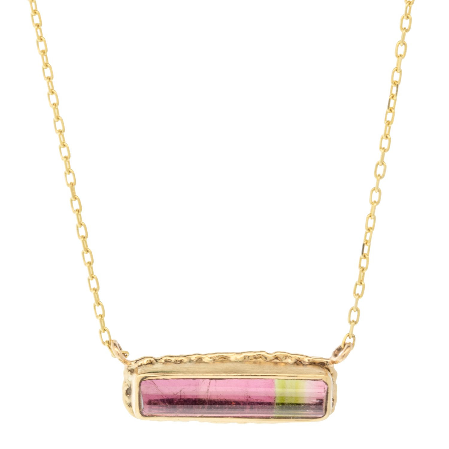 Jamie Joseph: Necklace, Extra small rectangular inverted, 14K yellow gold, Watermelon tourmaline on ruffled platform