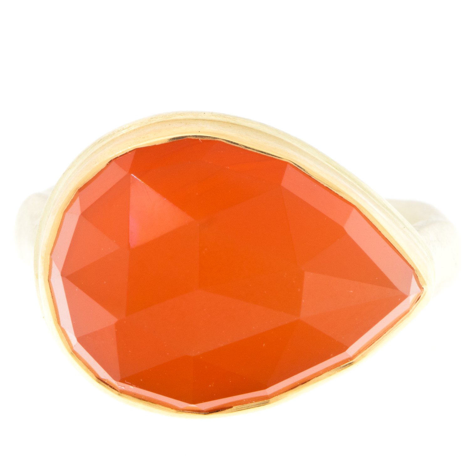 Jamie Joseph: Ring, Sterling silver & 14k Gold,Teardrop rose cut Orange Chalcedony on middle groovy band,Stone measures 1/2 x 11/16,Size 7.5