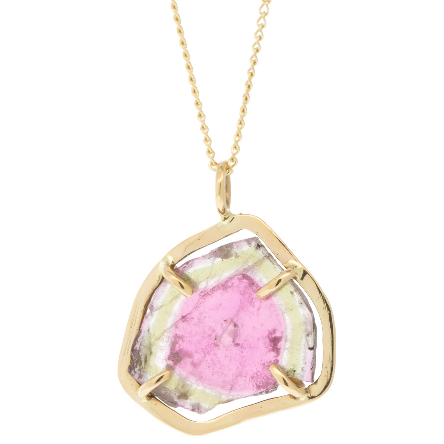 Melissa Joy Manning:One of a kind 14 k Yellow gold watermelon tourmaline necklace 16"-18"