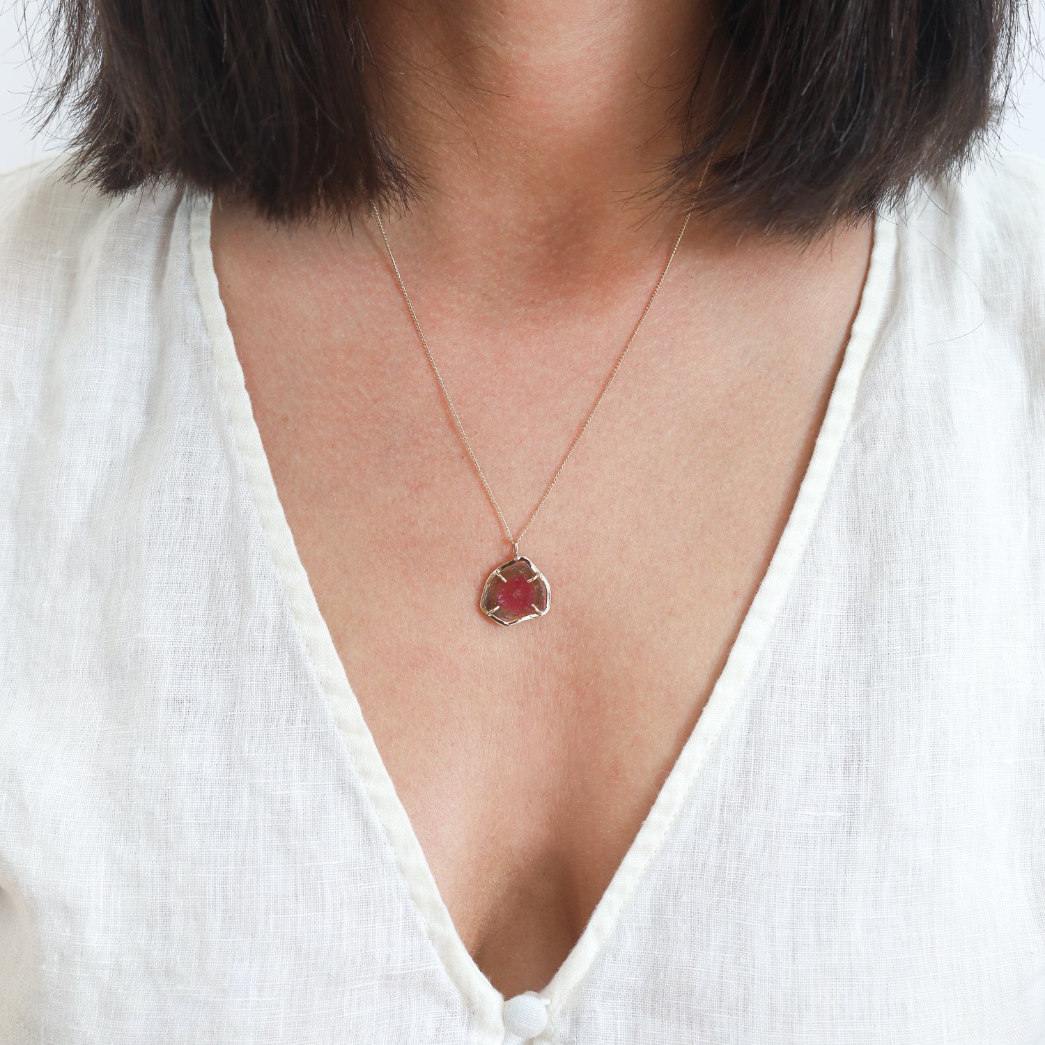 Melissa Joy Manning:One of a kind 14 k Yellow gold watermelon tourmaline necklace 16"-18"