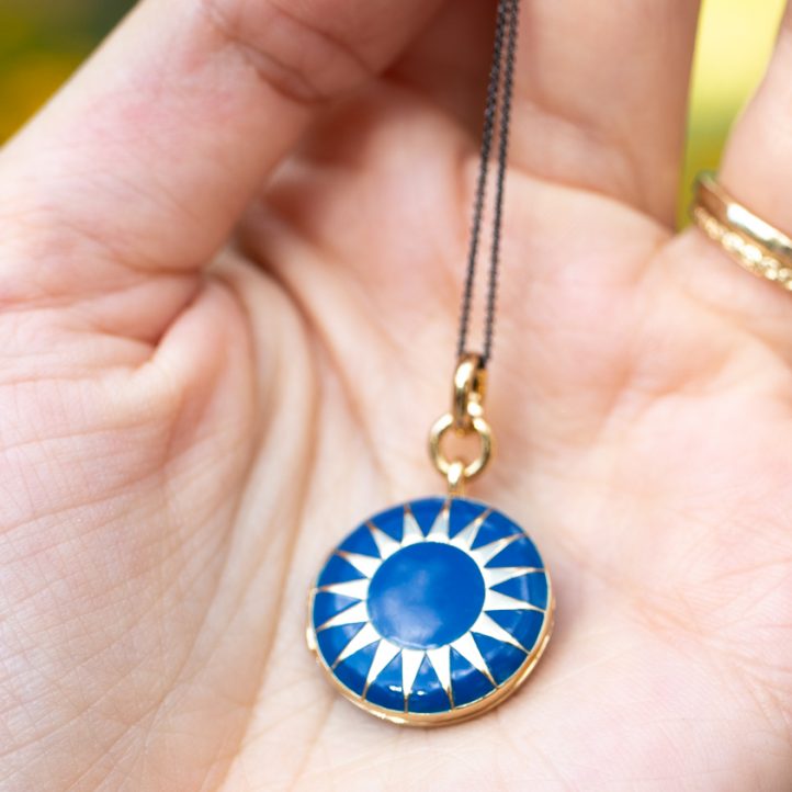 Monica Rich Kosann: Locket,Round Enamel ,Navy Blue with sun detail,Sterling silver,18K Yellow gold  Vermeil,17" PVD Chain