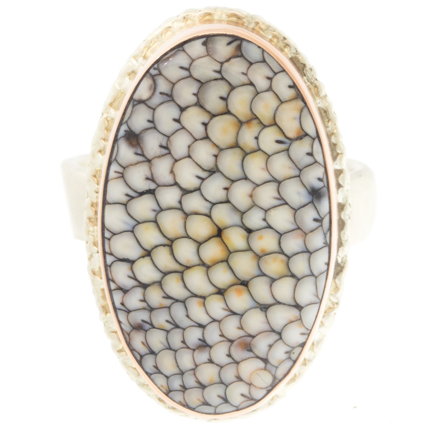 Jamie Joseph: Ring, Vertical oval, 14K rose gold bezel set snakeskin agate on lava platform, Sterling silver comfort band, Stone measures 1 x 9/16, Currently available in size 7 3/4