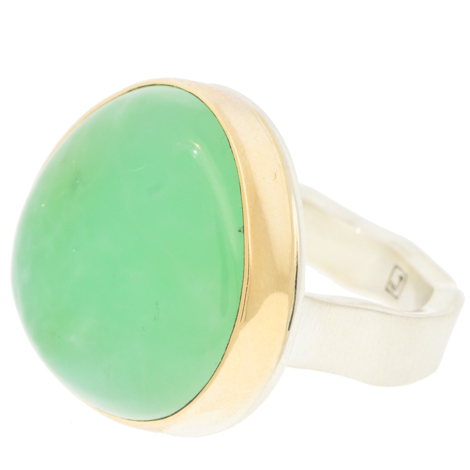 Jamie Joseph: Ring, Lotus smooth, 14K gold bezel set chrysoprase, Sterling silver soft live edge band, Stone measures / x /, Currently available in size