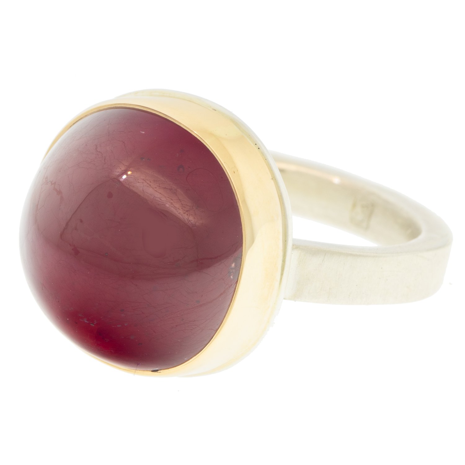 Jamie Joseph: Ring, Oval smooth, 14K yellow gold bezel set African ruby, Sterling silver X band, Stone measures 9/16 x 5/8, Currently available in size 7 1/4