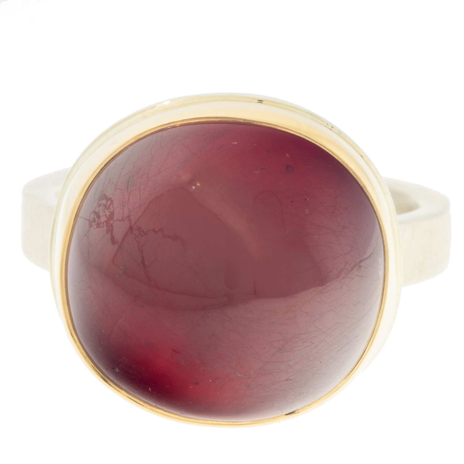 Jamie Joseph: Ring, Oval smooth, 14K yellow gold bezel set African ruby, Sterling silver X band, Stone measures 9/16 x 5/8, Currently available in size 7 1/4