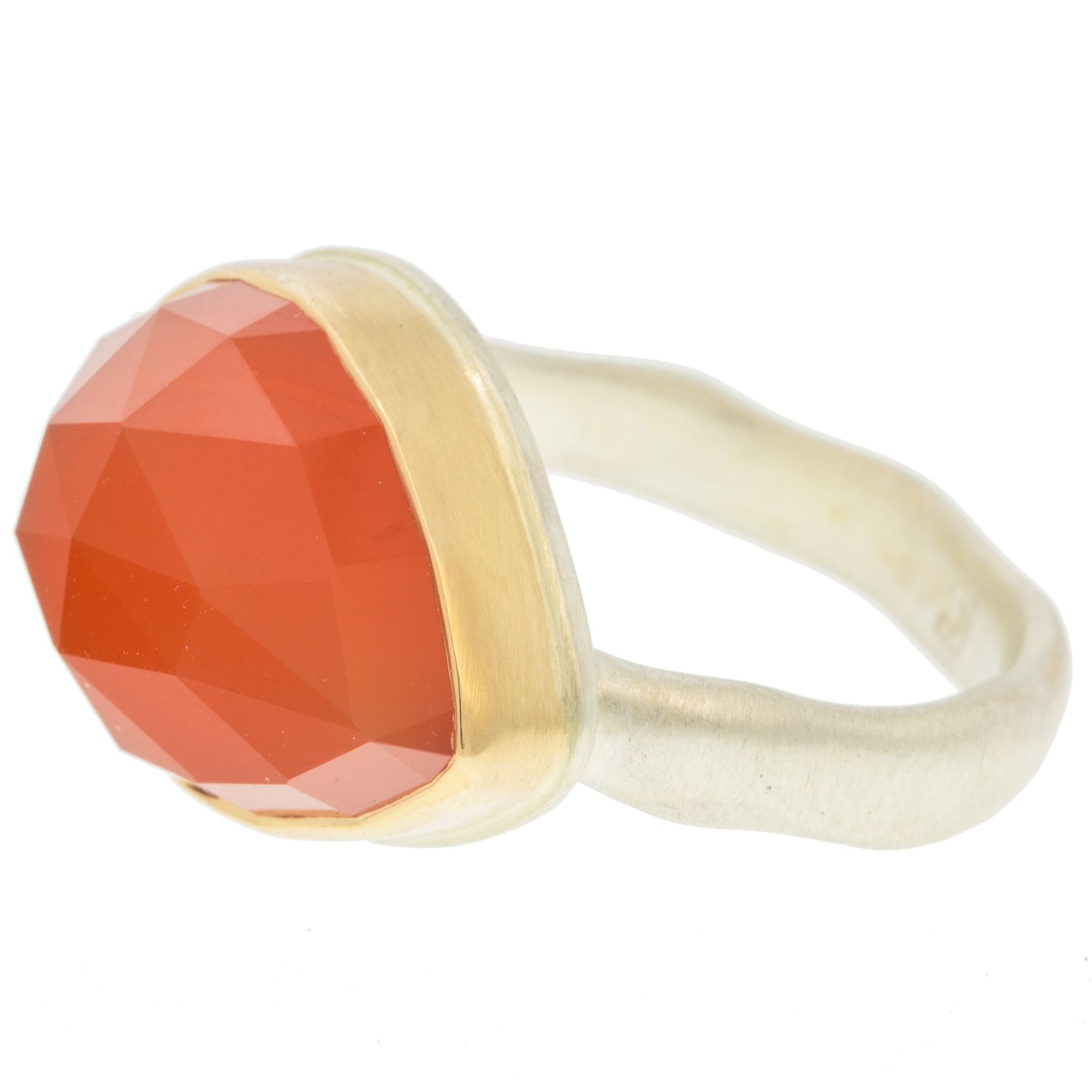Jamie Joseph: Ring, Sterling silver & 14k Gold,Teardrop rose cut Orange Chalcedony on middle groovy band,Stone measures 1/2 x 11/16,Size 7.5