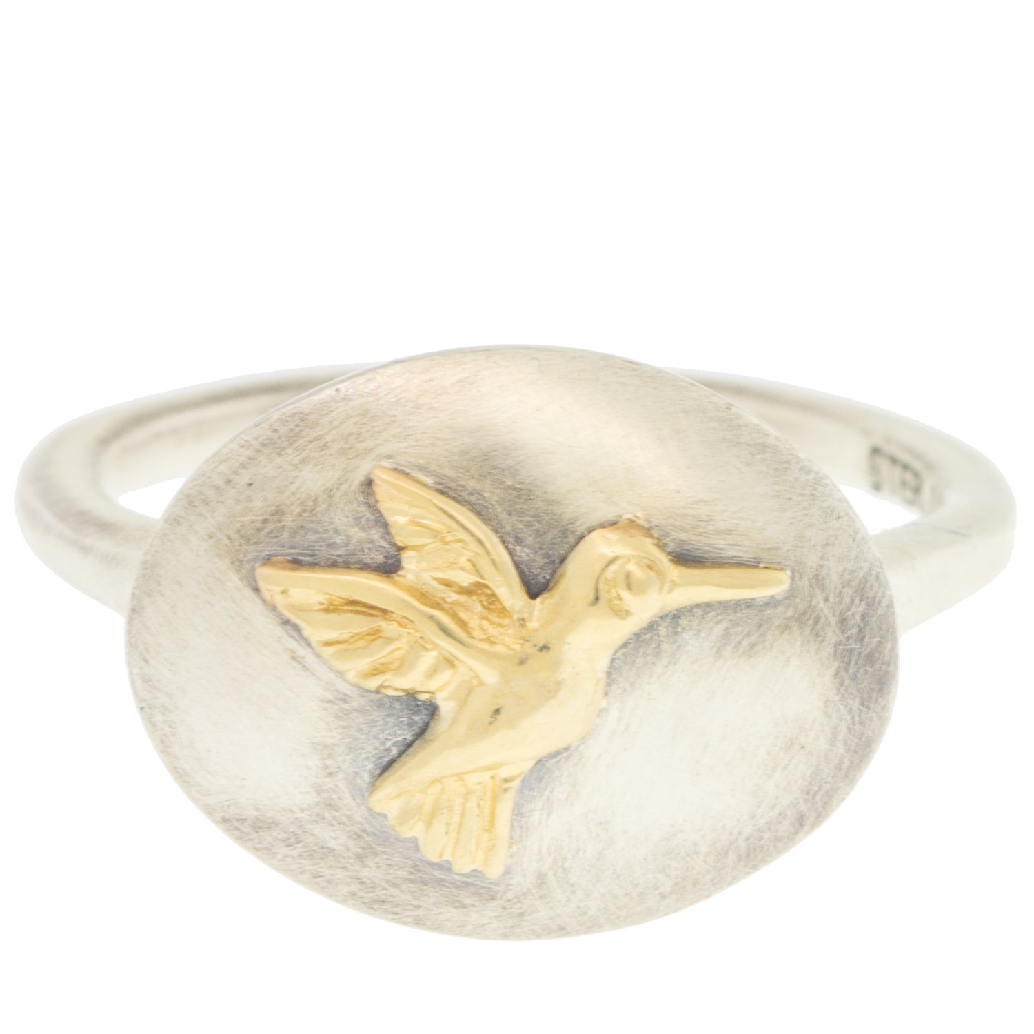 Jamie Joseph: Ring,Sterling silver & 14k Gold ,Hummingbird on small oval open back platform ,Stone measures 1/2 x 5/8