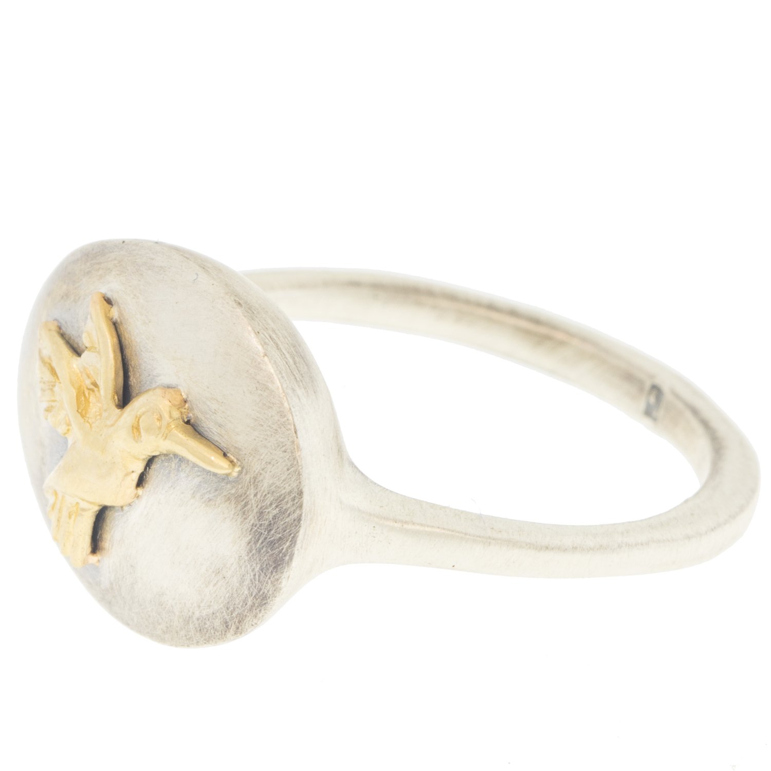 Jamie Joseph: Ring,Sterling silver & 14k Gold ,Hummingbird on small oval open back platform ,Stone measures 1/2 x 5/8