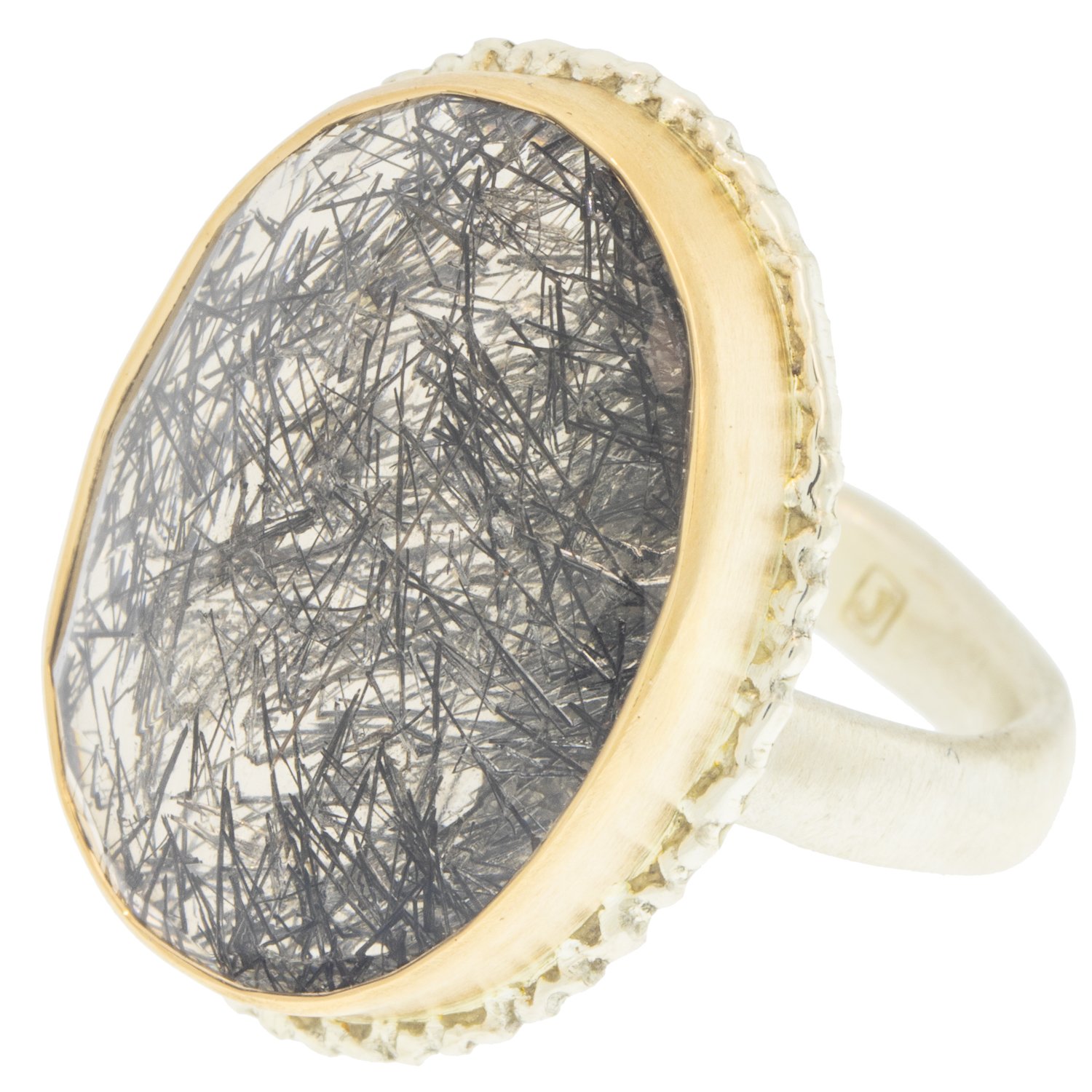 Jamie Joseph: Ring, Sterling silver & 14k Gold,Vertical oval rose cut Tourmalinated Quartz on lava platform organic band,Stone measures 7/8 x 11/16 ,Size 8