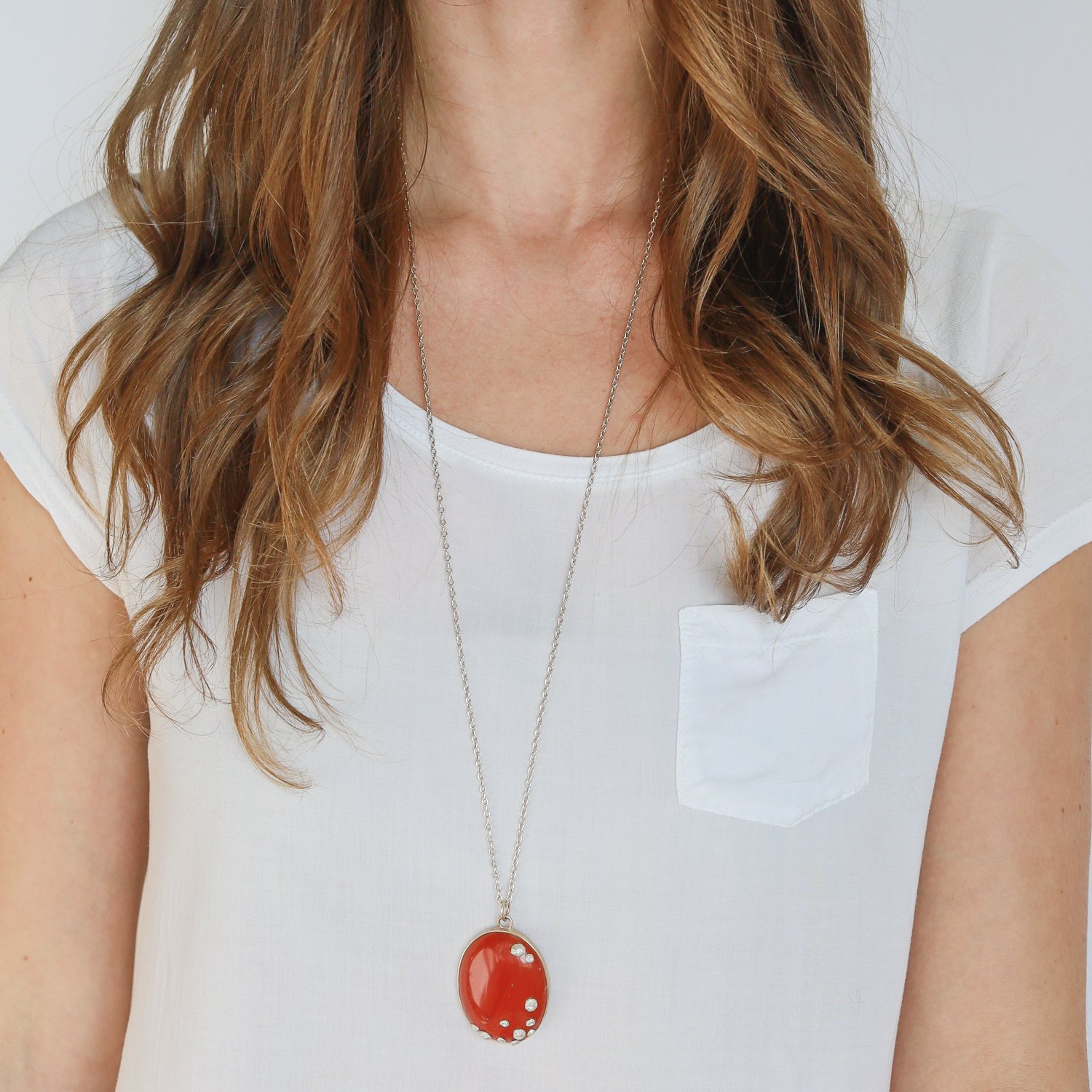 Hannah Blount: Necklace, Ruthie B, Corallium Jasper, Bright silver, 14K gold, Red jasper, Pendant measures 2 x 1/4 including bail, 32" chain.