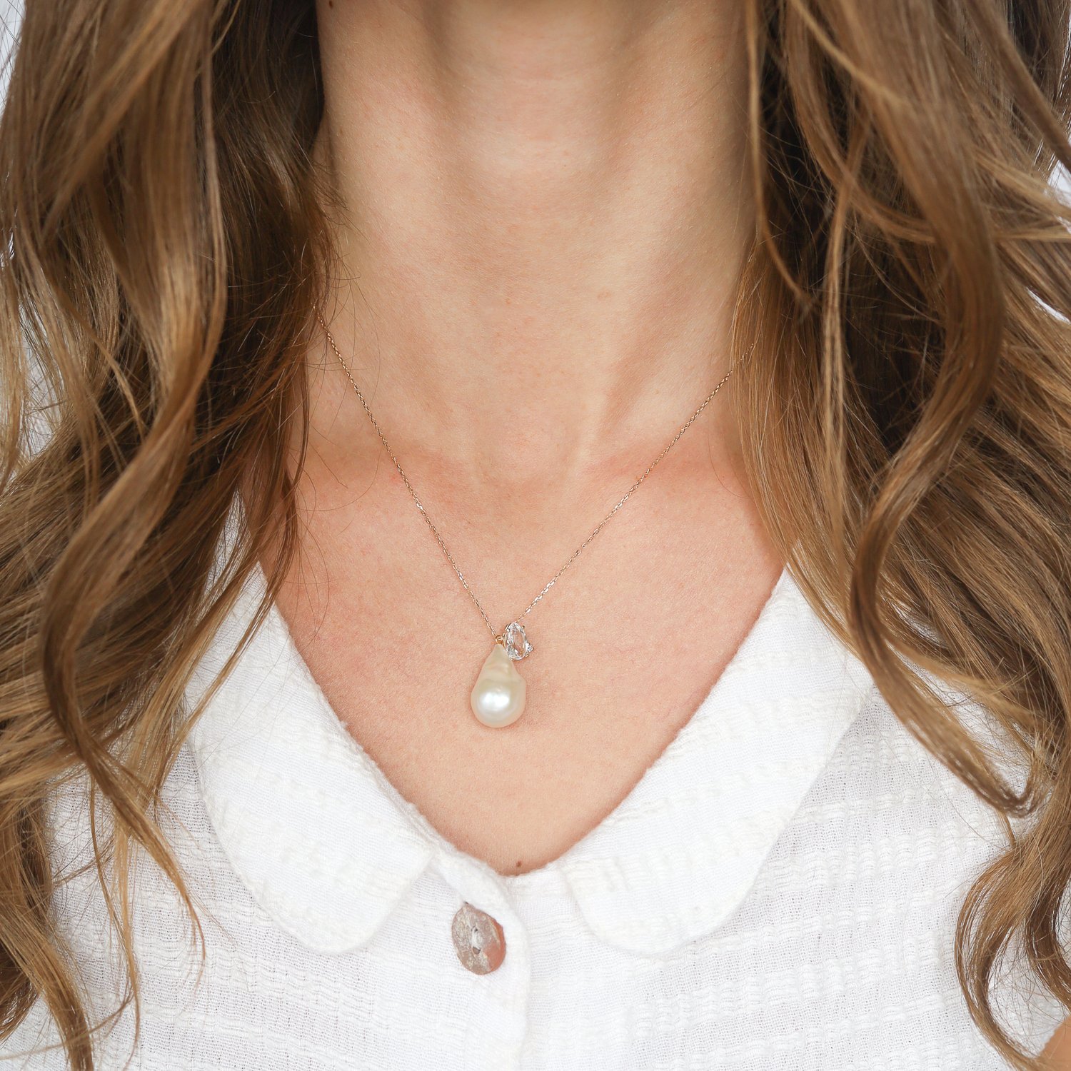 Mizuki:Necklace,14k Baroque white double charm White freshwater pearl ,White topaz,diamond, 0.02ct