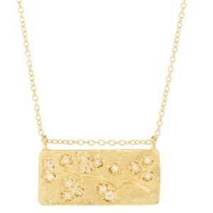 Victoria Cunningham: Necklace, Horizontal Rectangle Cherry Blossom, 14K yellow gold, Pendant measures 3/8 x 13/16 including bail, Chain measures 16-17 in length
