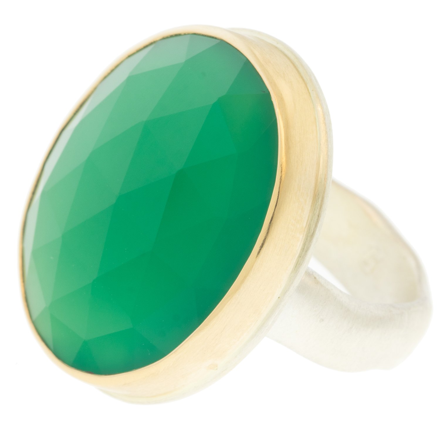 Jamie Joseph: Ring, Vertical oval rose cut, 14K gold bezel set green onyx, Sterling silver groovy band, Stone measures 7/8 x 3/,4 Currently available in size 7 3/4