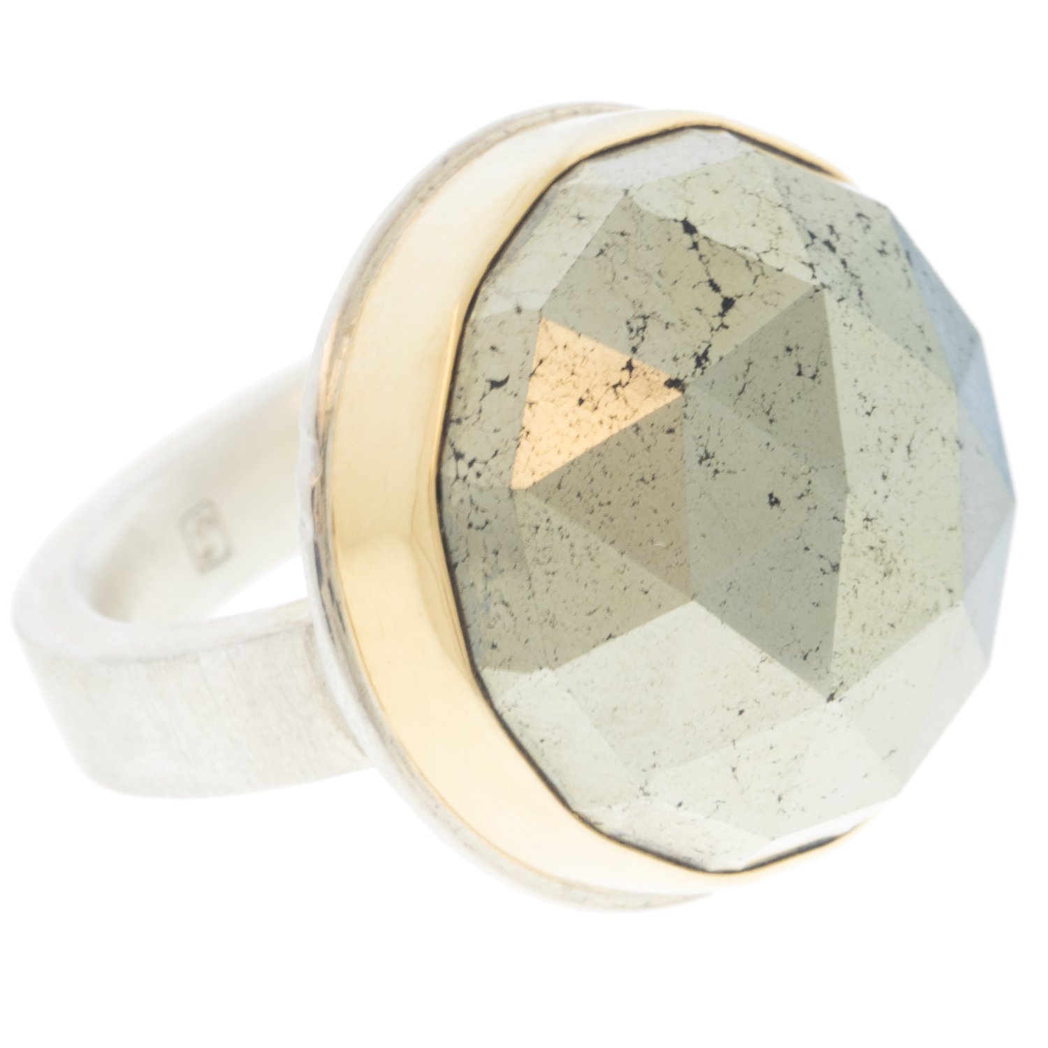 Jamie Joseph: Ring, Round rose cut, 14K yellow gold bezel set pyrite, Sterling silver Y band, Stone measures 3/4 in diameter, Currently available in size 6 3/4
