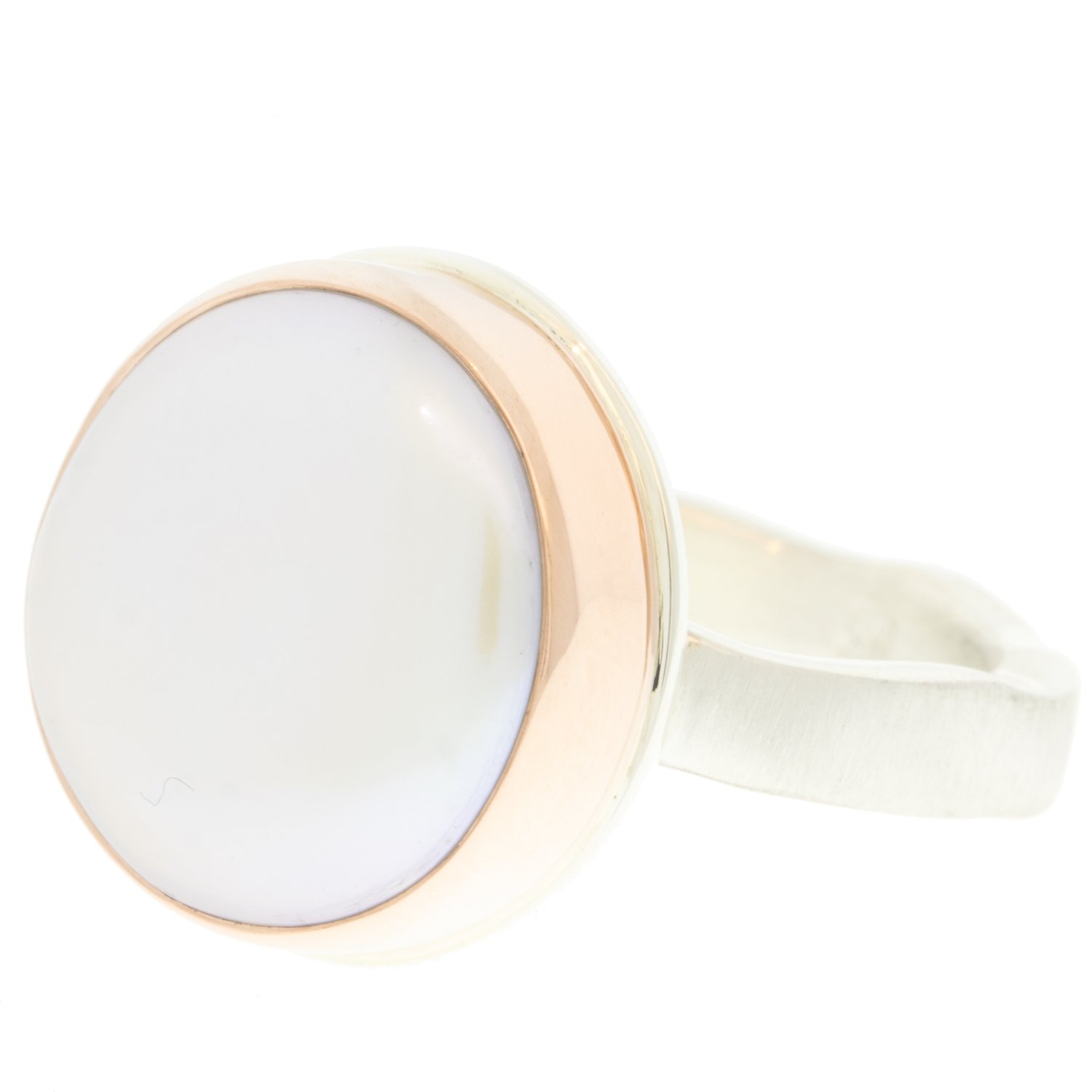 Jamie Joseph: Ring, Round, 14K rose gold bezel set cultured pearl, Sterling silver soft live edge band, Stone measures 9/16 in diameter, Currently available in size 7