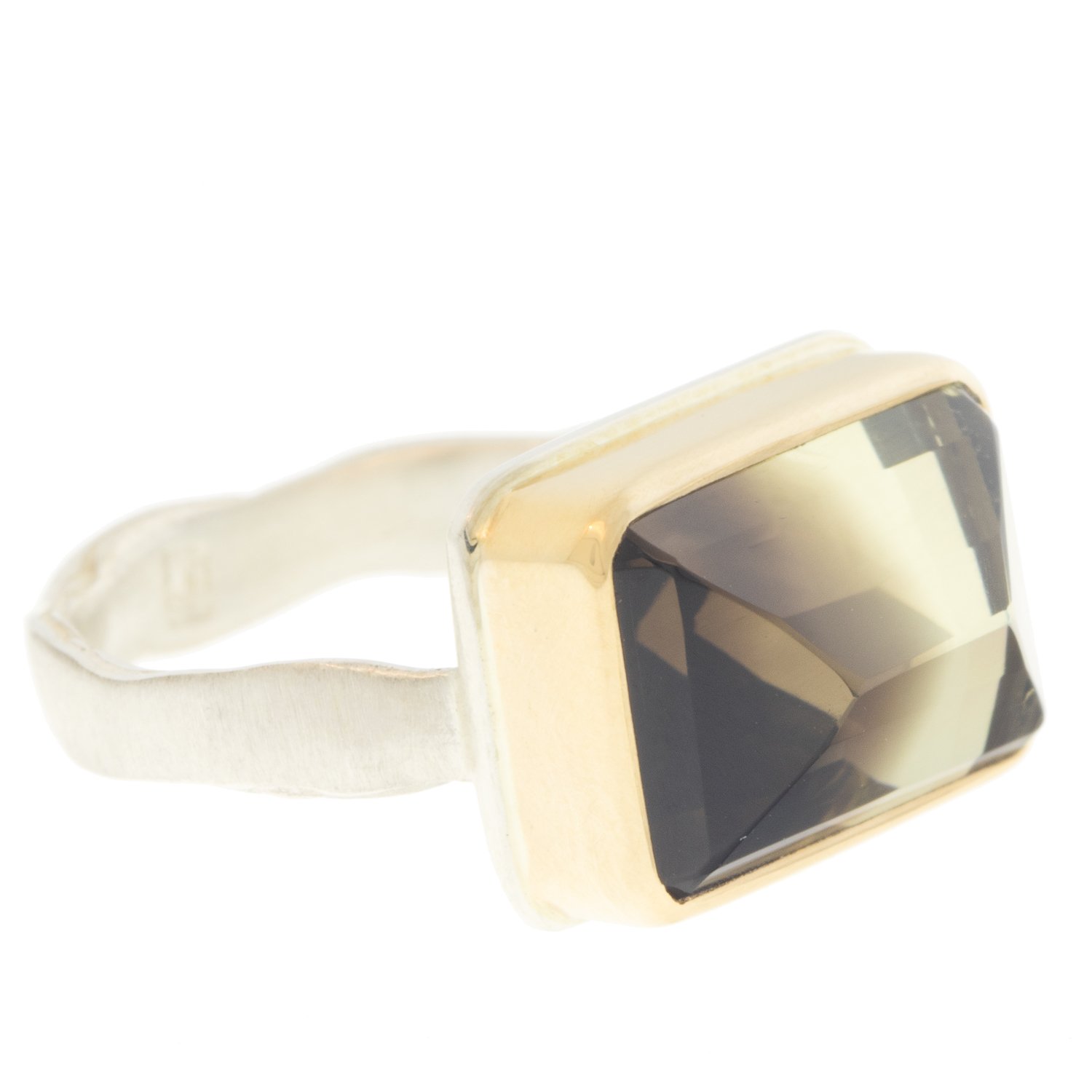 Jamie Joseph: Ring, Small rectangular inverted, 14K gold bezel set bi-color quartz, Sterling silver eroded live edge band, Stone measures 3/8 x 1/2, Currently available in size 6 3/4