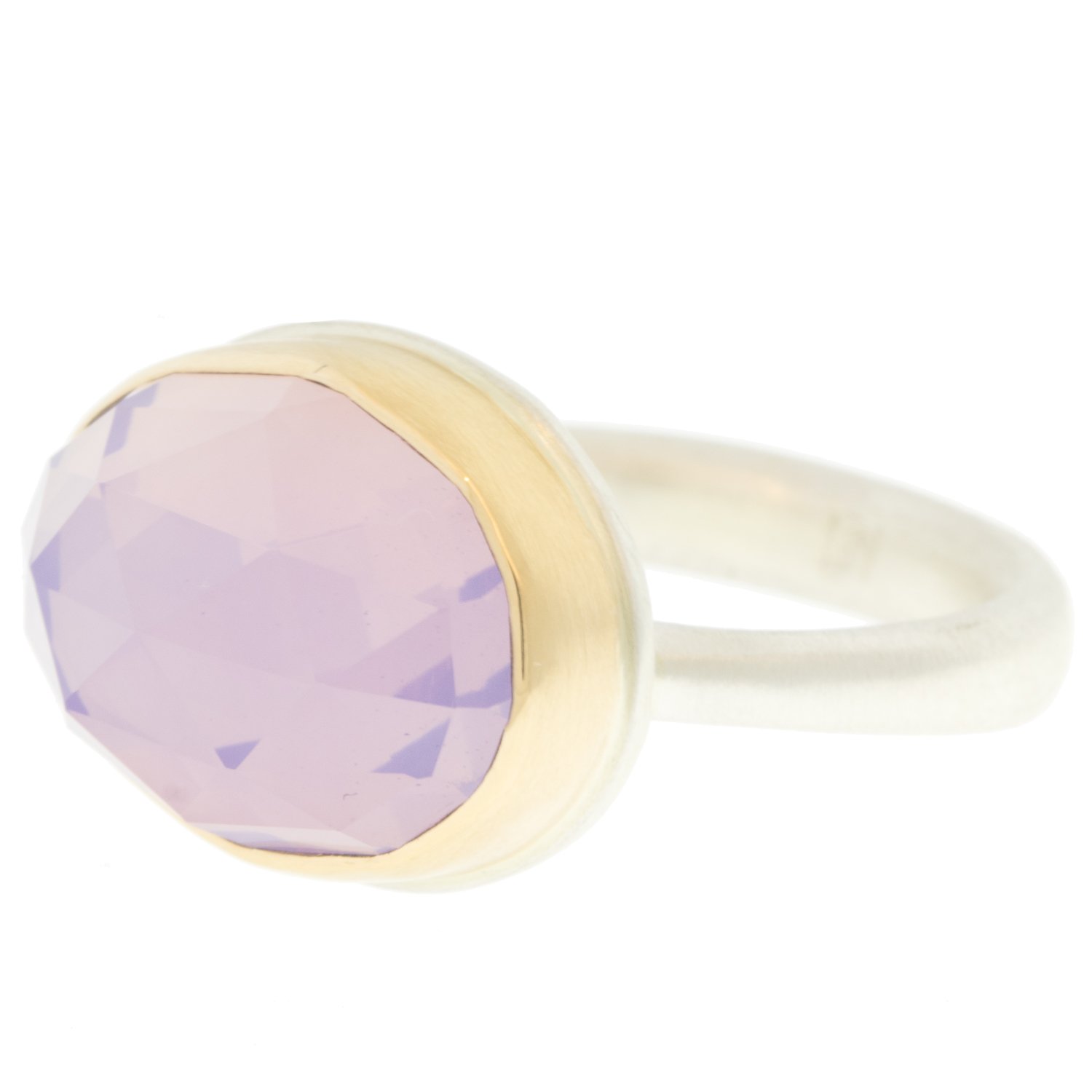 Jamie Joseph: Ring, Small oval rose cut, 14K yellow gold bezel set lavender amethyst, Sterling silver Egyptian band, Stone measures 7/16 x 5/8, Currently available in size 7