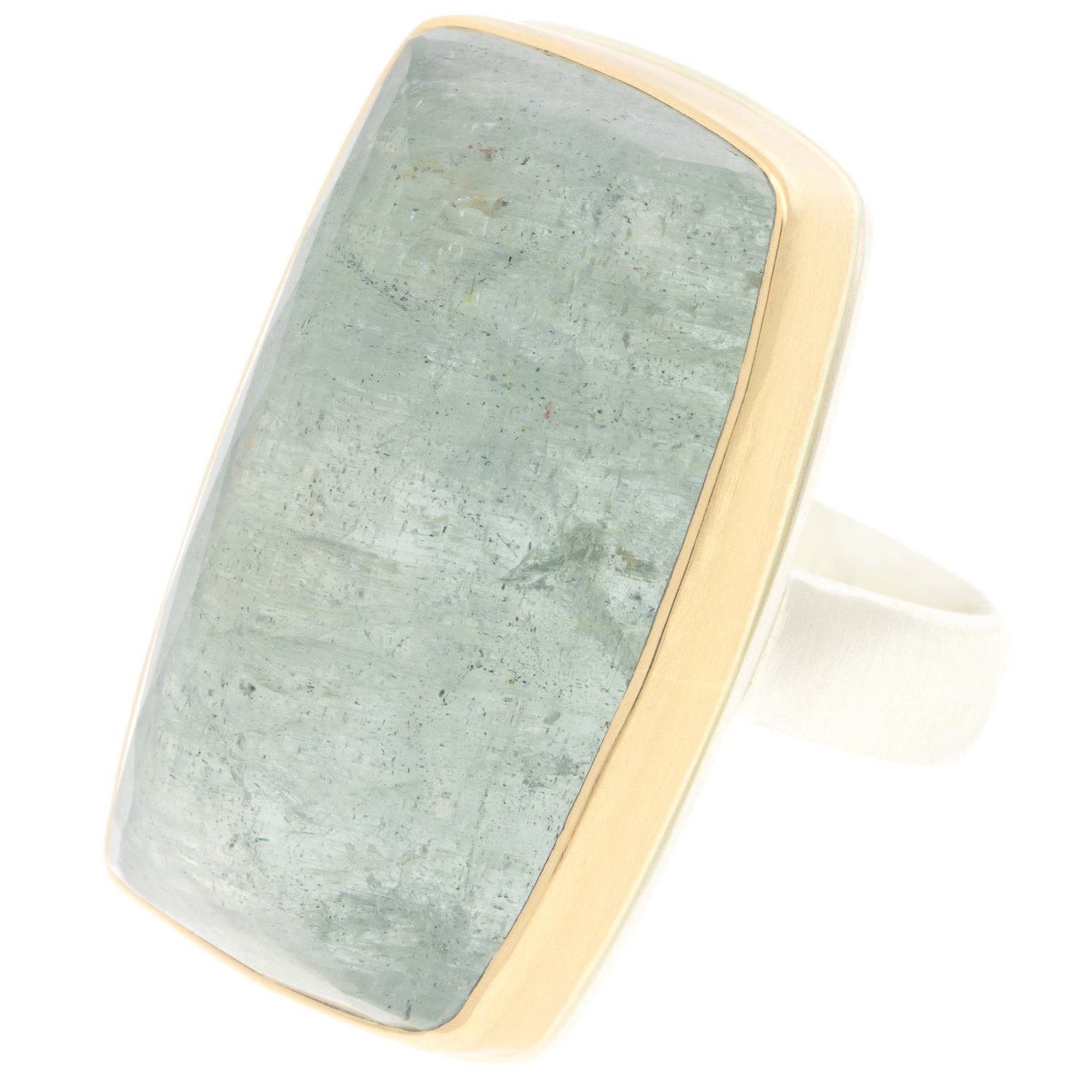Jamie Joseph: Ring, Large vertical inverted rectangular, 14K yellow gold bezel set Aquamarine, Sterling silver comfort band, Stone measures 1 1/8 x 11/16, Currently available in size 8