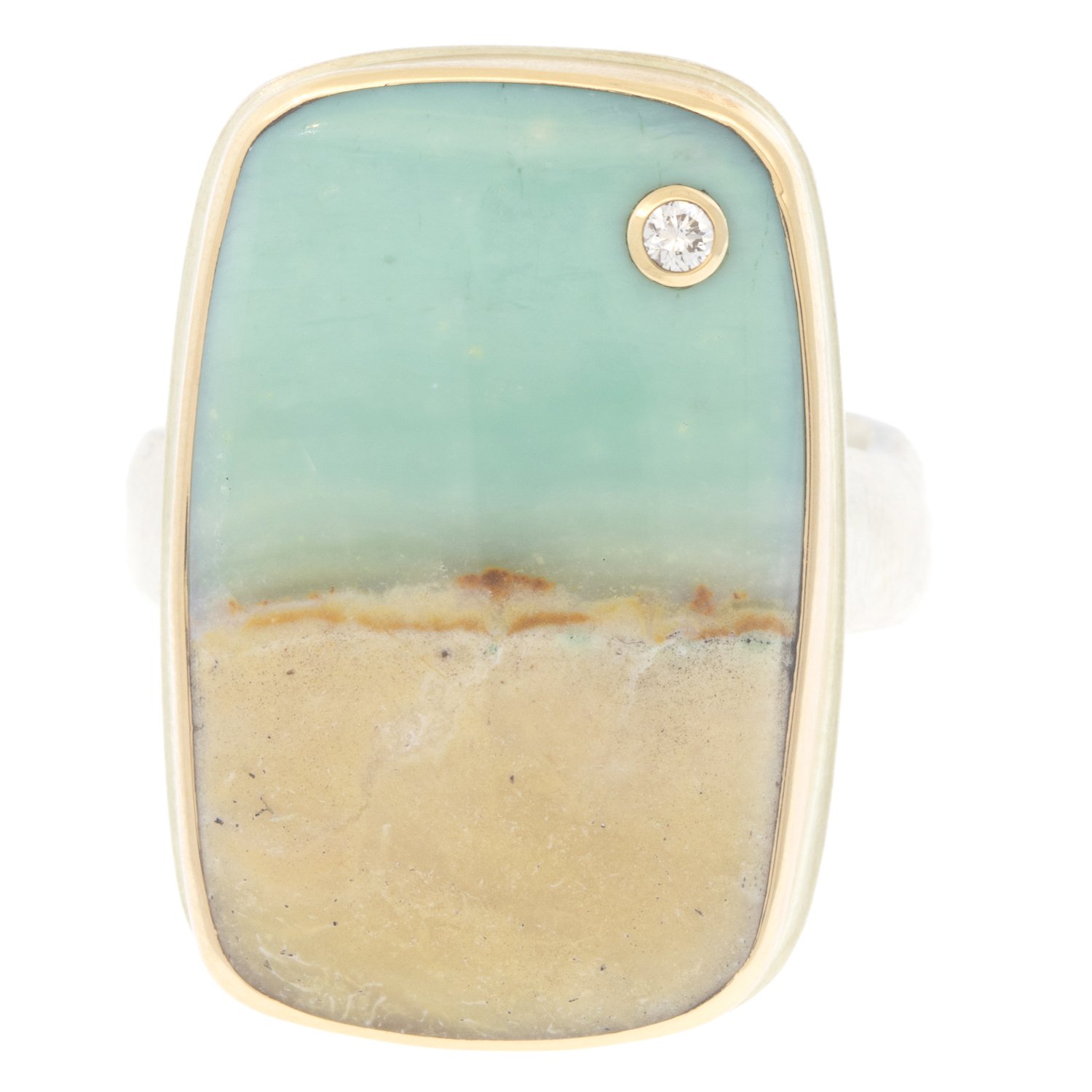 Jamie Joseph: Ring, Vertical rectangular, 14K gold bezel set blue Indonesian petrified opalized wood, Diamond, .03ct, Sterling silver groovy band, Stone measures 1 x 5/8, Currently available in size 7 1/2