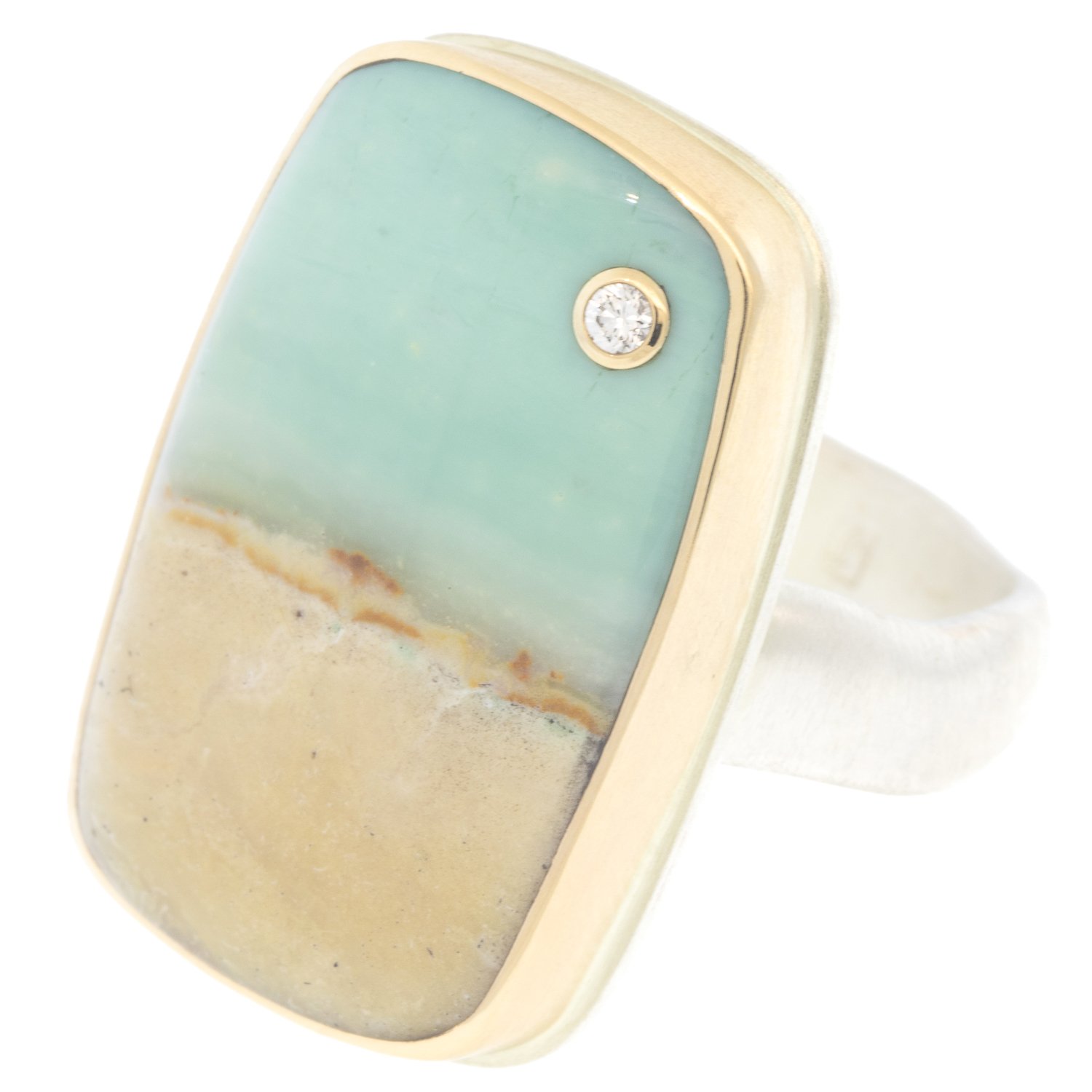 Jamie Joseph: Ring, Vertical rectangular, 14K gold bezel set blue Indonesian petrified opalized wood, Diamond, .03ct, Sterling silver groovy band, Stone measures 1 x 5/8, Currently available in size 7 1/2