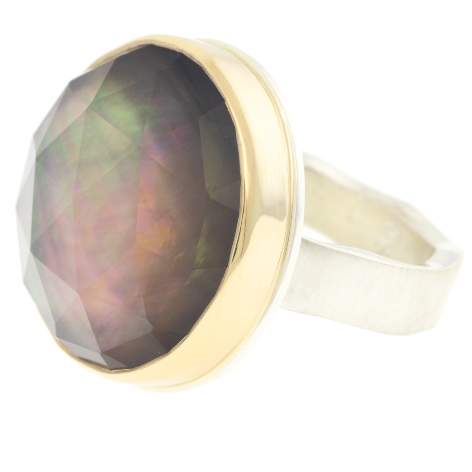 Jamie Joseph: Ring, Round rose cut, 14K gold bezel set rock crystal over black mop, Sterling silver live edge band, Stone measures 3/4 in diameter, Currently available in size 7 1/2