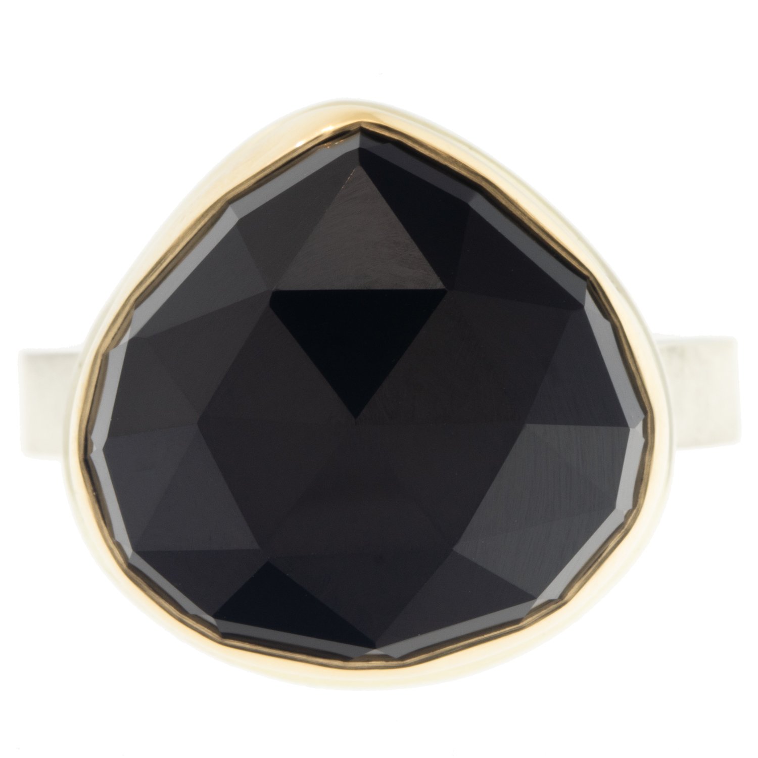 Jamie Joseph: Ring, Lotus rose cut, 14K gold bezel set black onyx, Sterling silver X band, Stone measures 5/8 x 5/8, Currently available in size 6 3/4