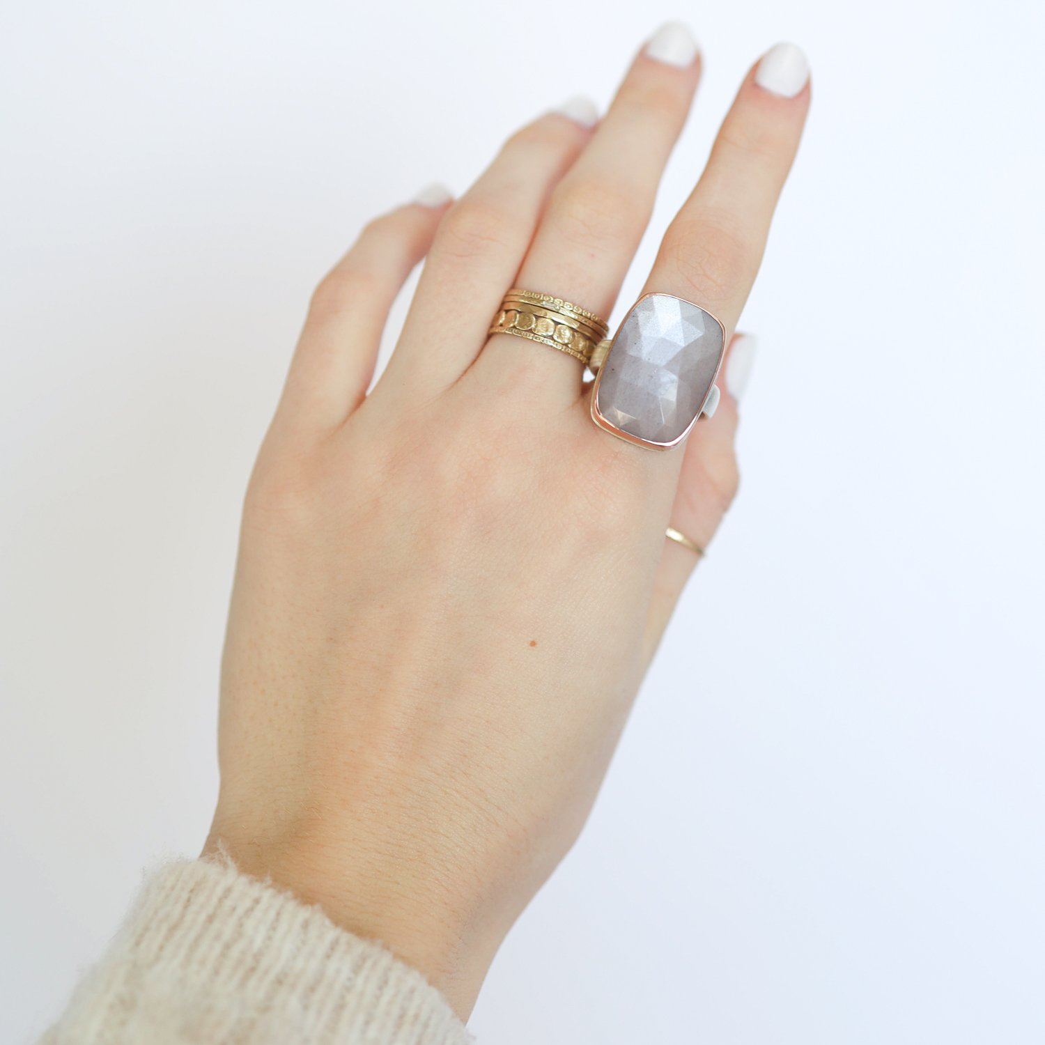 Jamie Joseph: Ring, Vertical rectangular rose cut, 14K rose gold bezel set peach moonstone, Sterling silver comfort band, Stone measures 7/8 x 11/16, Currently available in size 7 1/2