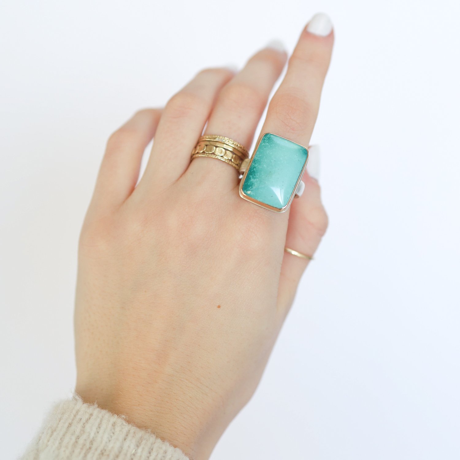 Jamie Joseph: Ring, Sterling & 14K Gold w/ vertical rectangular turquoise on a comfort band size 8