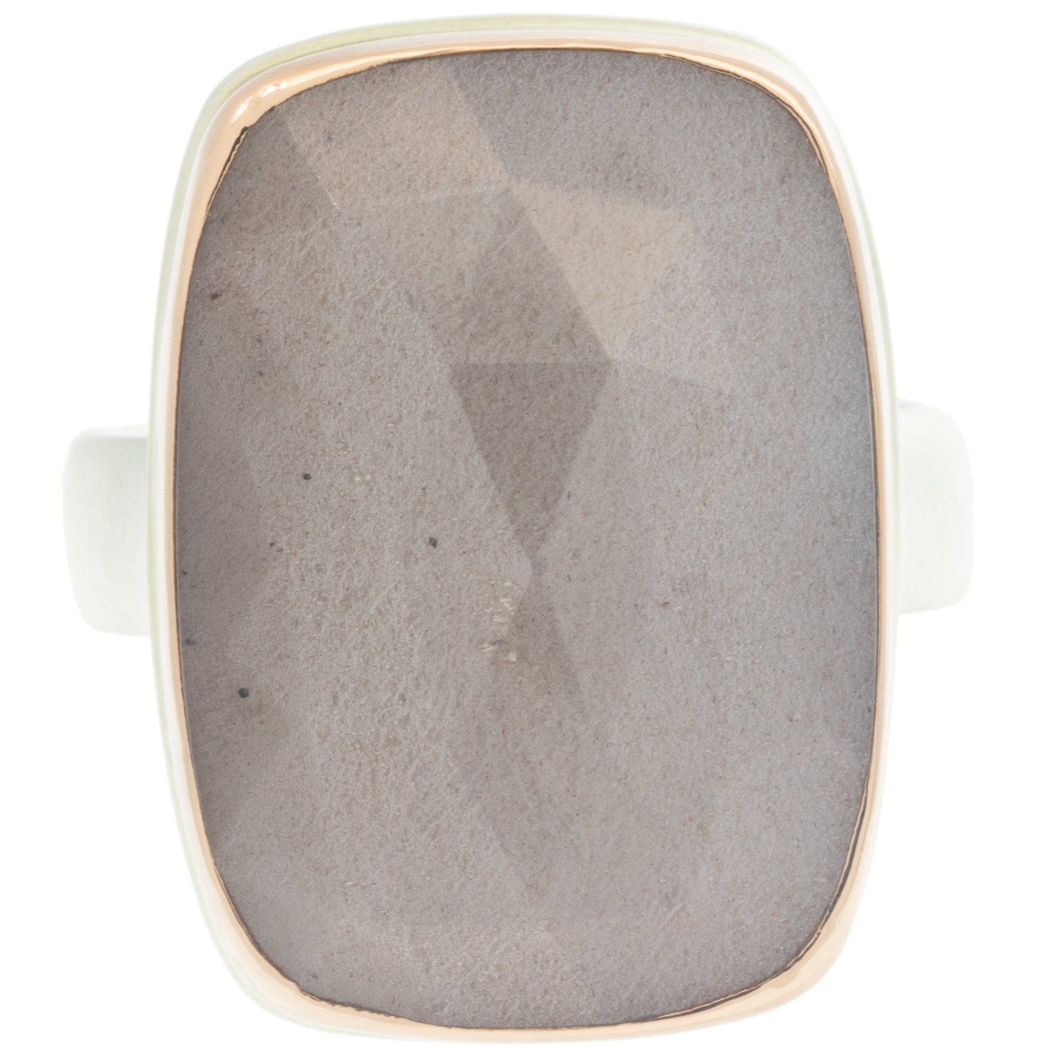 Jamie Joseph: Ring, Vertical rectangular rose cut, 14K rose gold bezel set peach moonstone, Sterling silver comfort band, Stone measures 7/8 x 11/16, Currently available in size 7 1/2