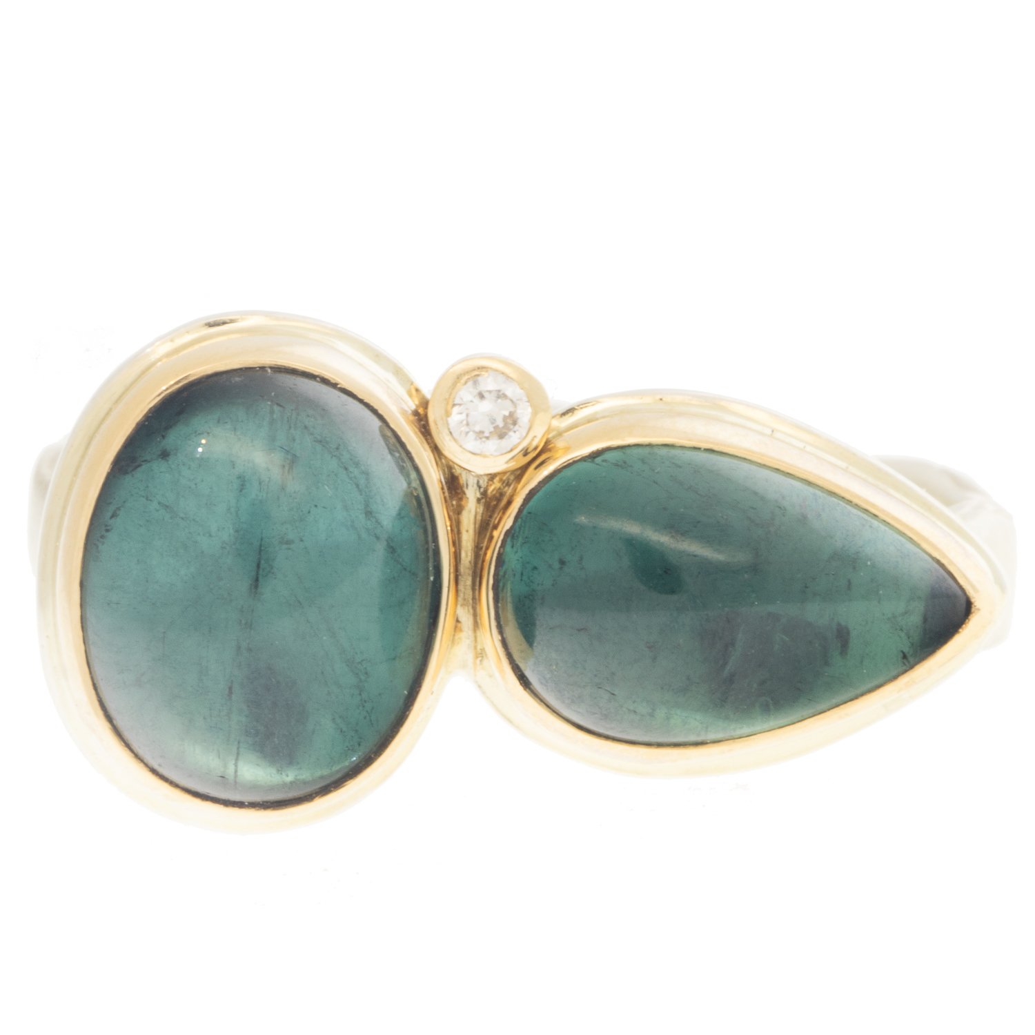 Jamie Joseph: Ring, Double oval and teardrop smooth, 14K gold bezel set indicolite tourmaline, Satellite diamond, .03ct, Sterling silver eroded live edge band, Stone measures 3/8 x 3/4, Currently available in size 7