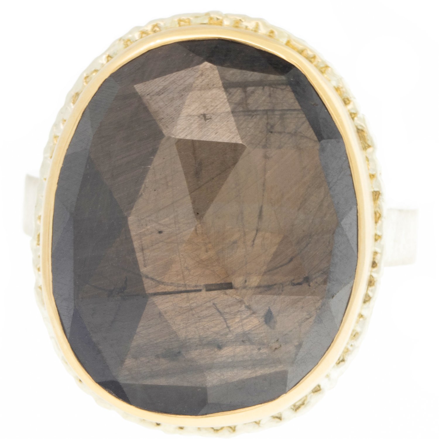 Jamie Joseph: Ring, Vertical oval rose cut, 14K gold bezel set brown sapphire on lava platform, Sterling silver X band, Stone measures 13/16 x 5/8, Currently available in size 7