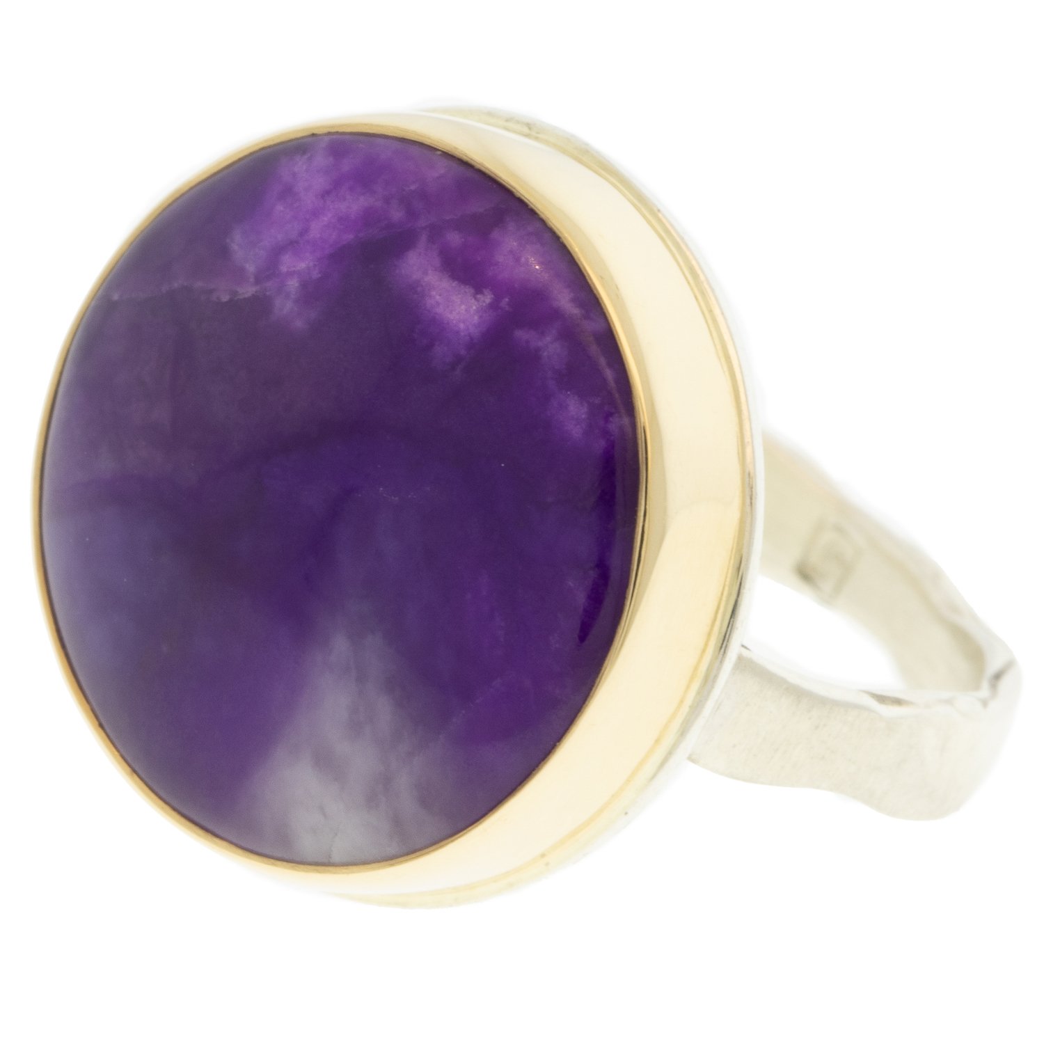 Jamie Joseph: Ring, Round, 14K gold bezel set Sugilite, Sterling silver eroded live edge band, Stone measures 11/16 in diameter, Currently available in size 7 3/4