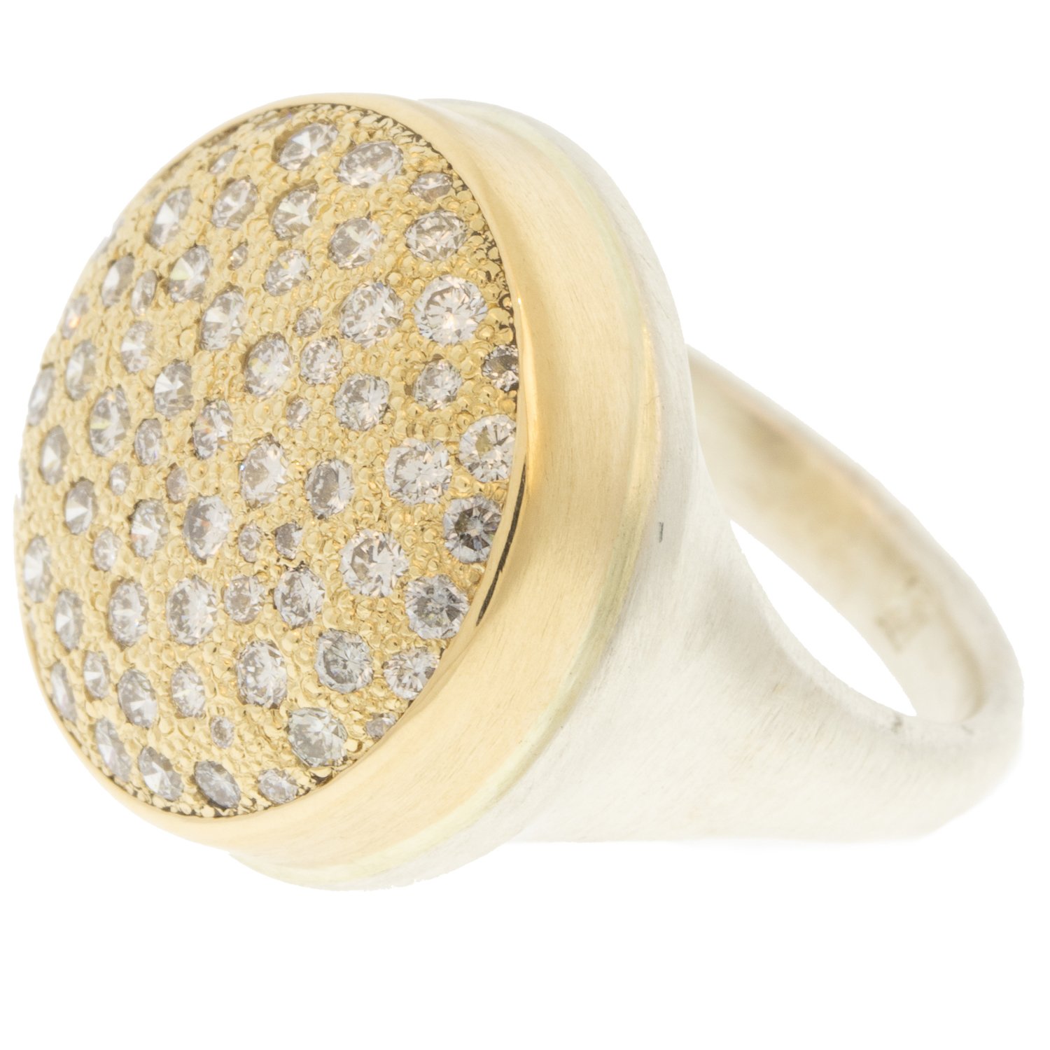 Jamie Joseph: Ring, 14K gold bezel set white diamond pavé cluster, 1.49 TCW, Ring face measures 3/4 in diameter, Currently available in size