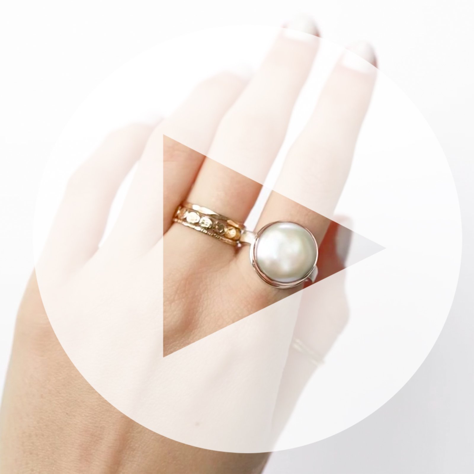 Jamie Joseph: Ring, Round, 14K rose gold bezel set cultured pearl, Sterling silver soft live edge band, Stone measures 9/16 in diameter, Currently available in size 7