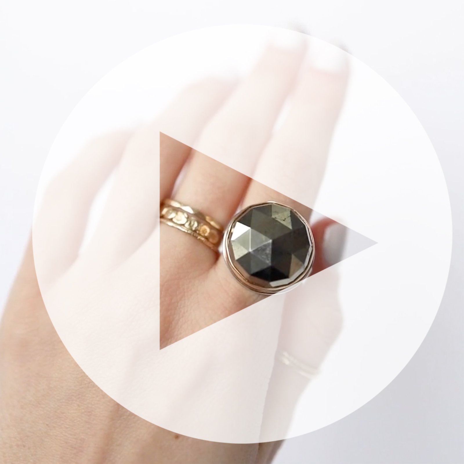Jamie Joseph: Ring, Round rose cut, 14K yellow gold bezel set pyrite, Sterling silver Y band, Stone measures 3/4 in diameter, Currently available in size 6 3/4