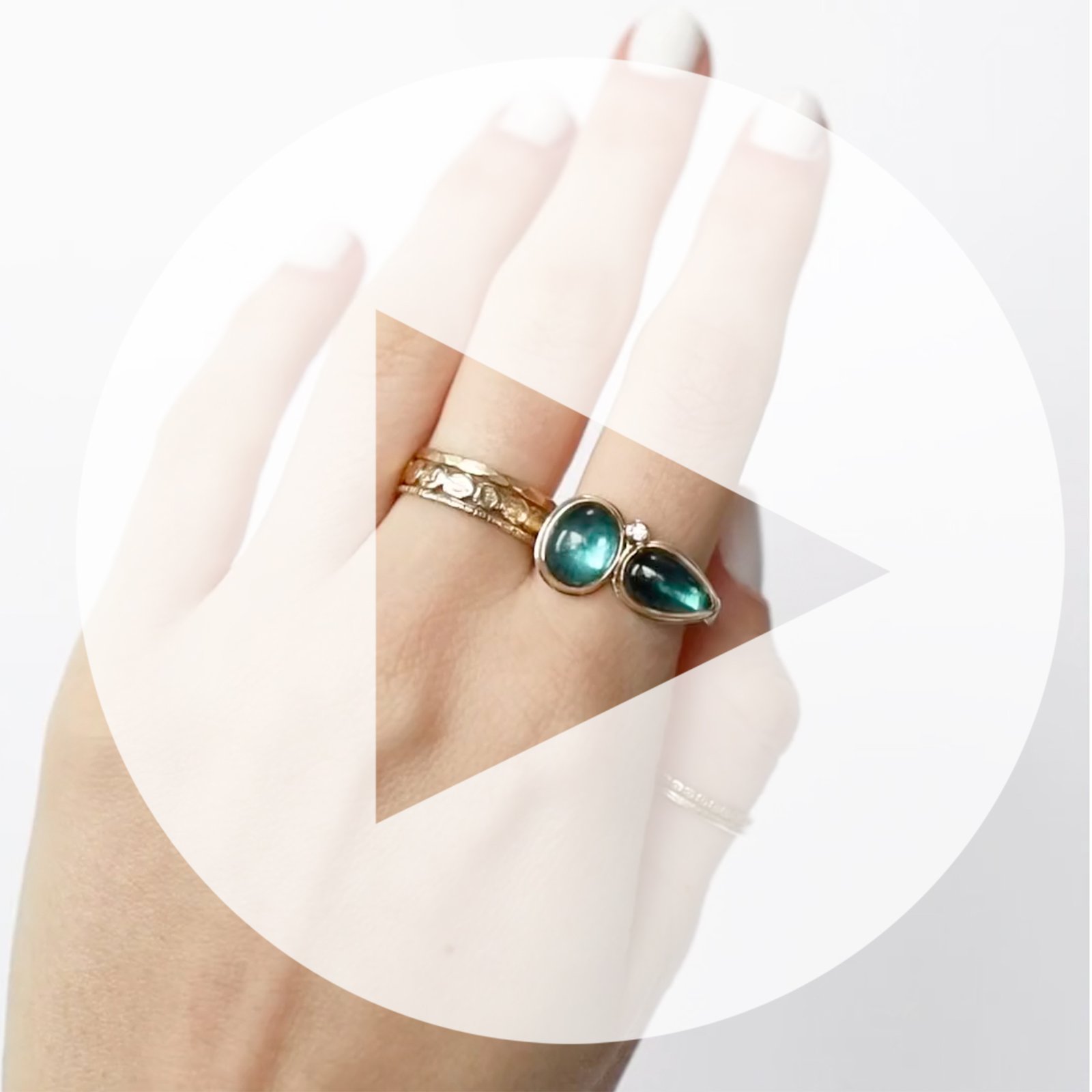 Jamie Joseph: Ring, Double oval and teardrop smooth, 14K gold bezel set indicolite tourmaline, Satellite diamond, .03ct, Sterling silver eroded live edge band, Stone measures 3/8 x 3/4, Currently available in size 7