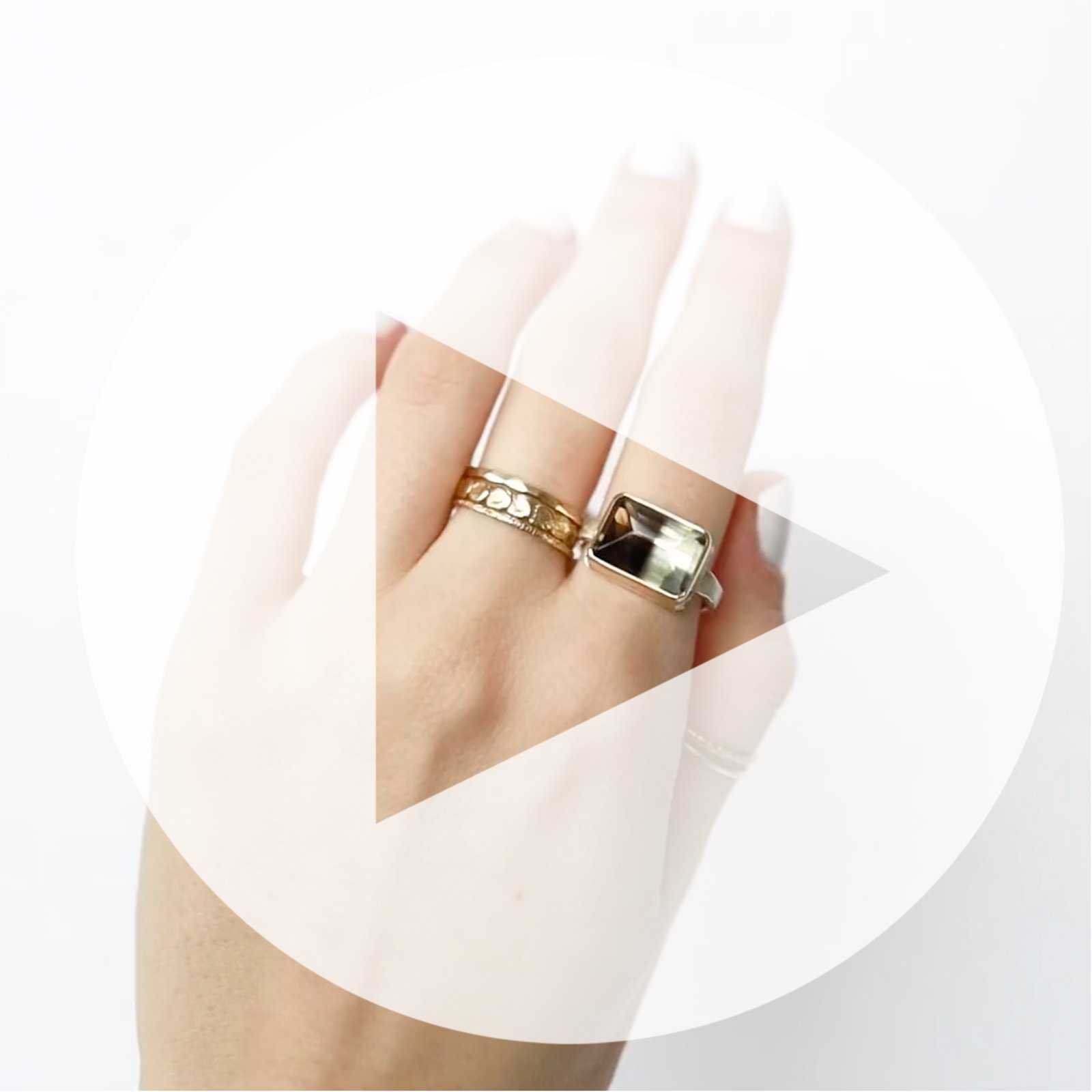 Jamie Joseph: Ring, Small rectangular inverted, 14K gold bezel set bi-color quartz, Sterling silver eroded live edge band, Stone measures 3/8 x 1/2, Currently available in size 6 3/4