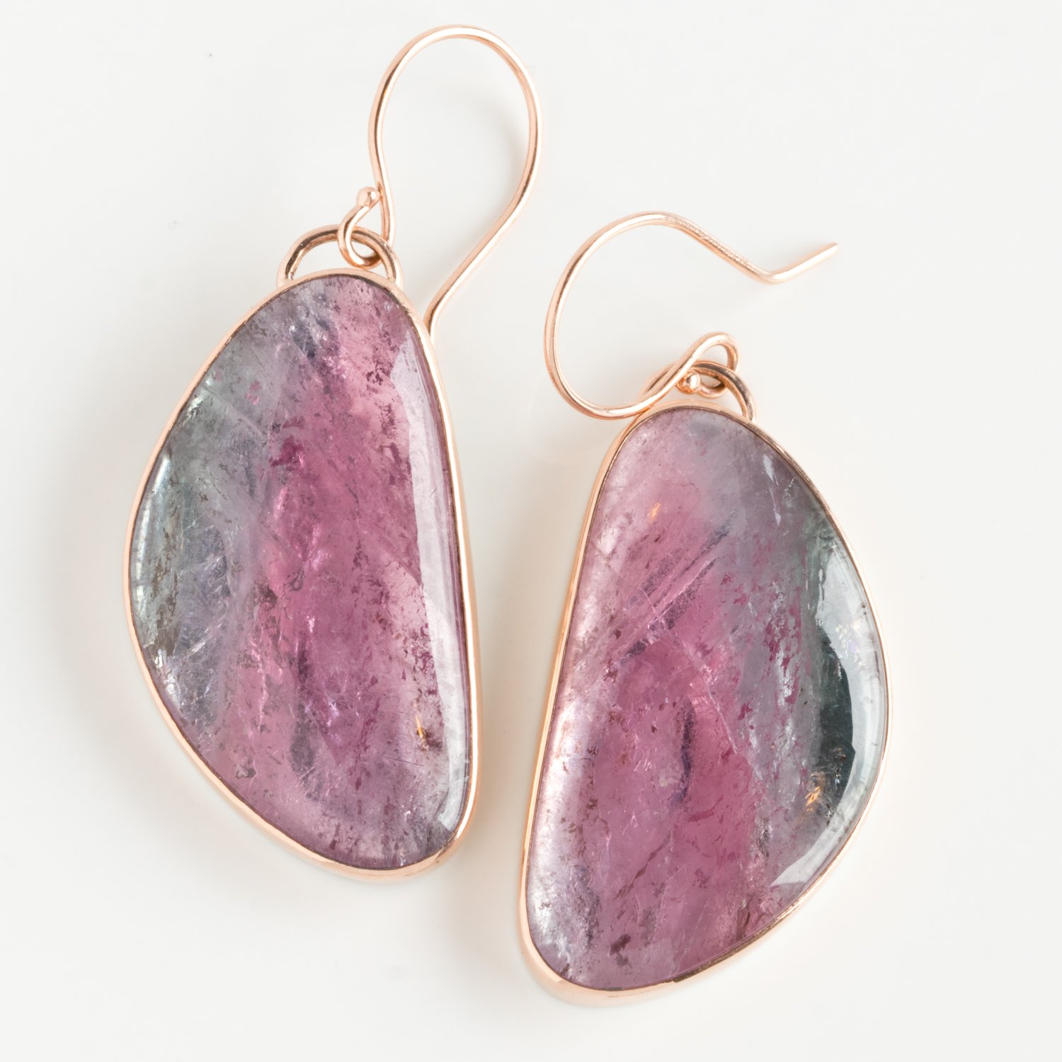Jamie Joseph Trunk Show: 14k Gold Earrings w/Large Asymmetrical Smooth WATERMELON TOURMALINE in Sterling Backed Gold Bezel