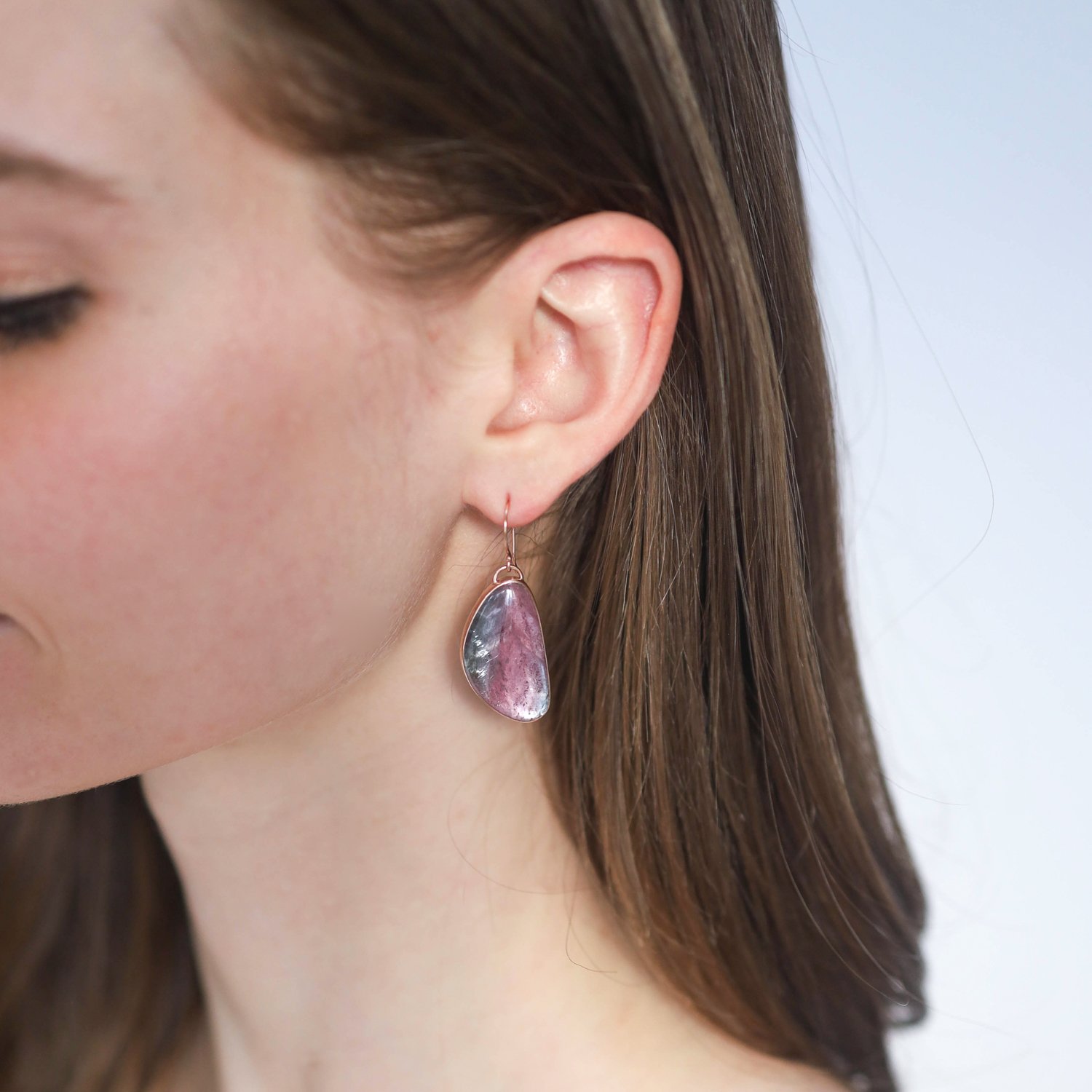 Jamie Joseph Trunk Show: 14k Gold Earrings w/Large Asymmetrical Smooth WATERMELON TOURMALINE in Sterling Backed Gold Bezel