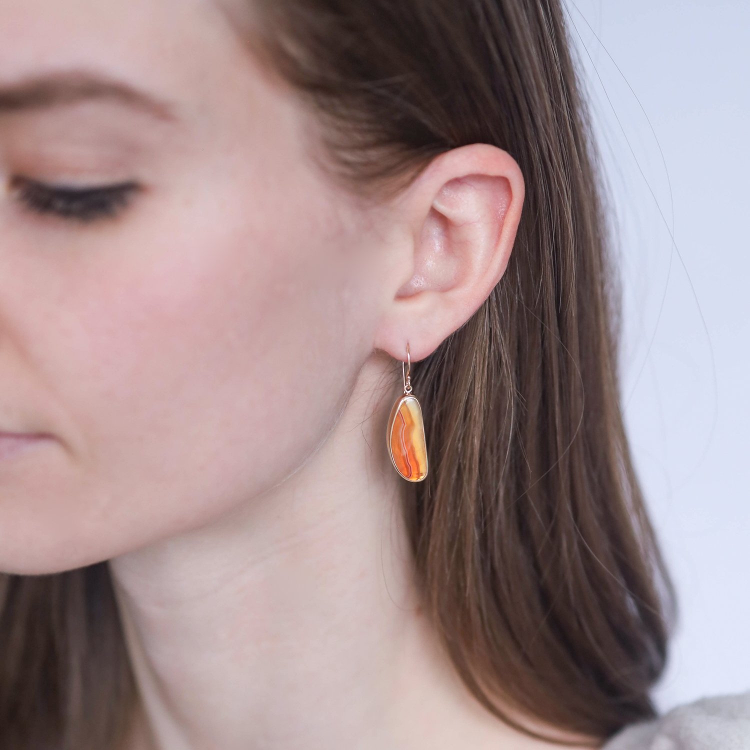 Jamie Joseph Trunk Show: Sterling & 14K Gold Earrings w/ Asymmetrical Smooth CARNELIAN in Sterling Backed Gold Bezel