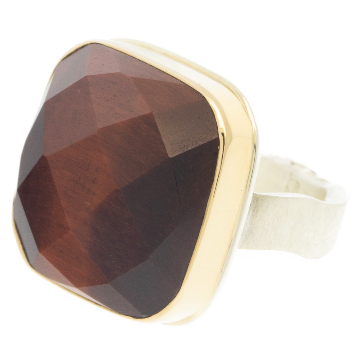 Jamie Joseph: Ring, 14K gold bezel set checkerboard blood tiger's eye, Sterling silver live edge band, Currently available in size 7 1/2