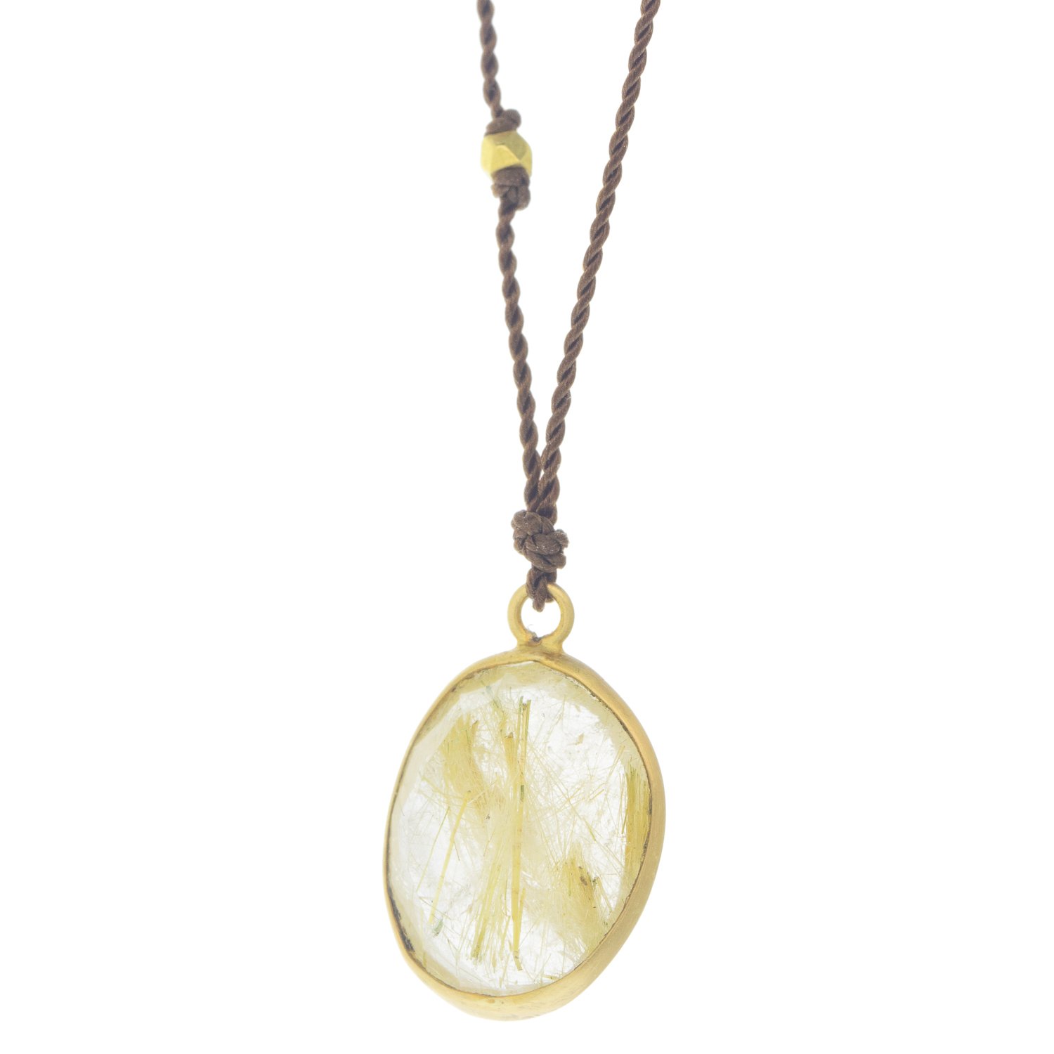 Margaret Solow: Necklace, Rutilated quartz, 18K yellow gold, Nylon cord measures 17, Pendant measures 9/16 x 3/8 including bail