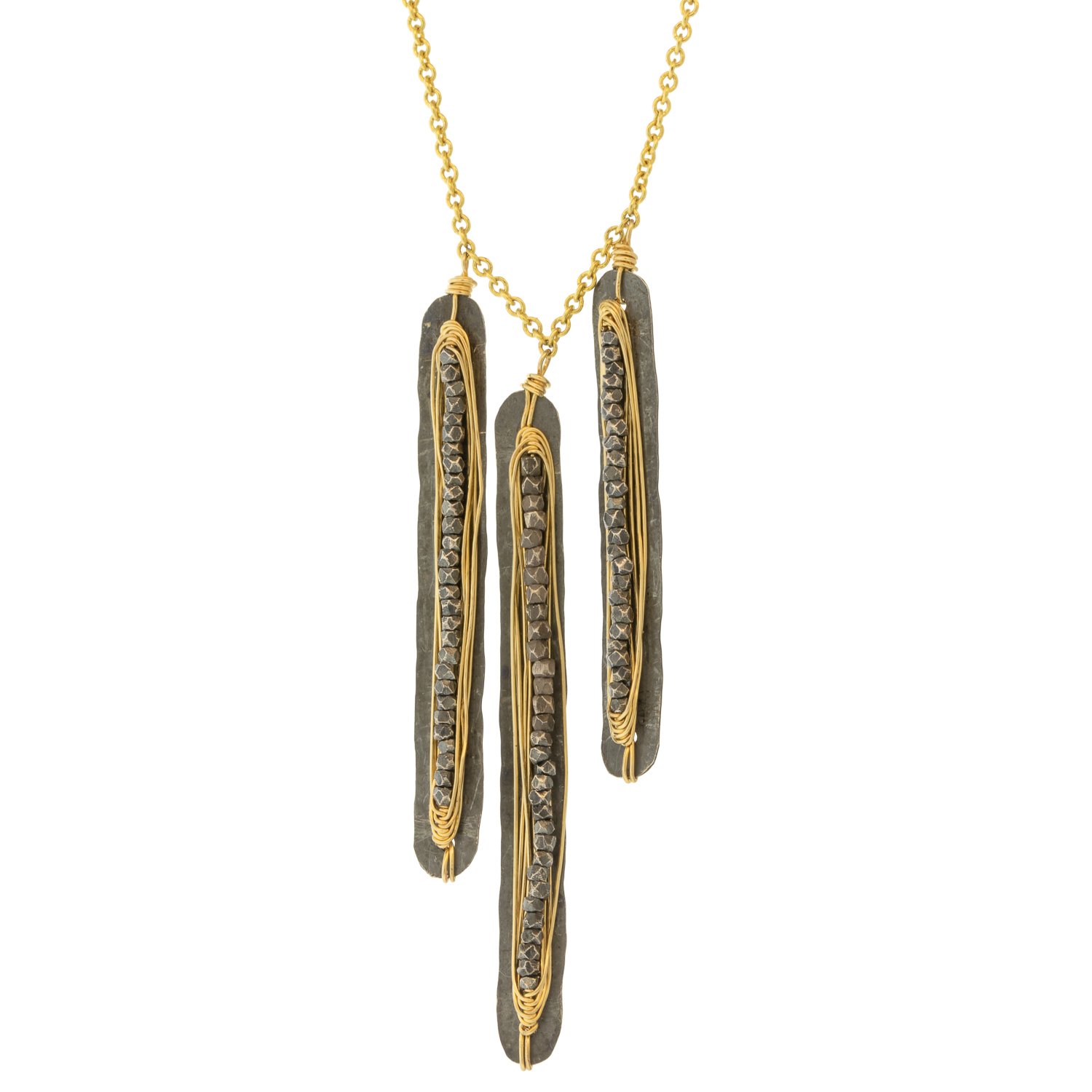 Dana Kellin: Necklace, 3 vertical bars, Gold fill, Oxidized sterling silver, Pyrite.