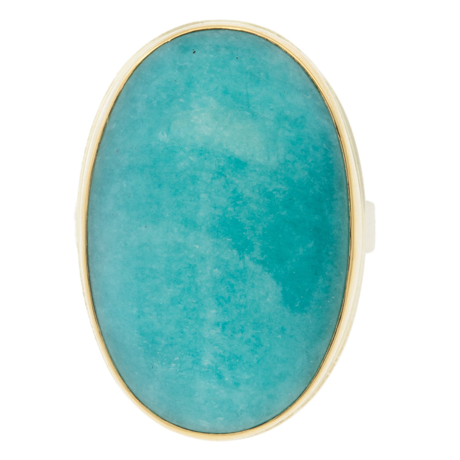 Jamie Joseph: Ring, Large vertical oval smooth, 14K gold bezel set amazonite, Sterling silver Y band, Stone measures 1 1/8 x 3/4, Currently available in size 7 1/2