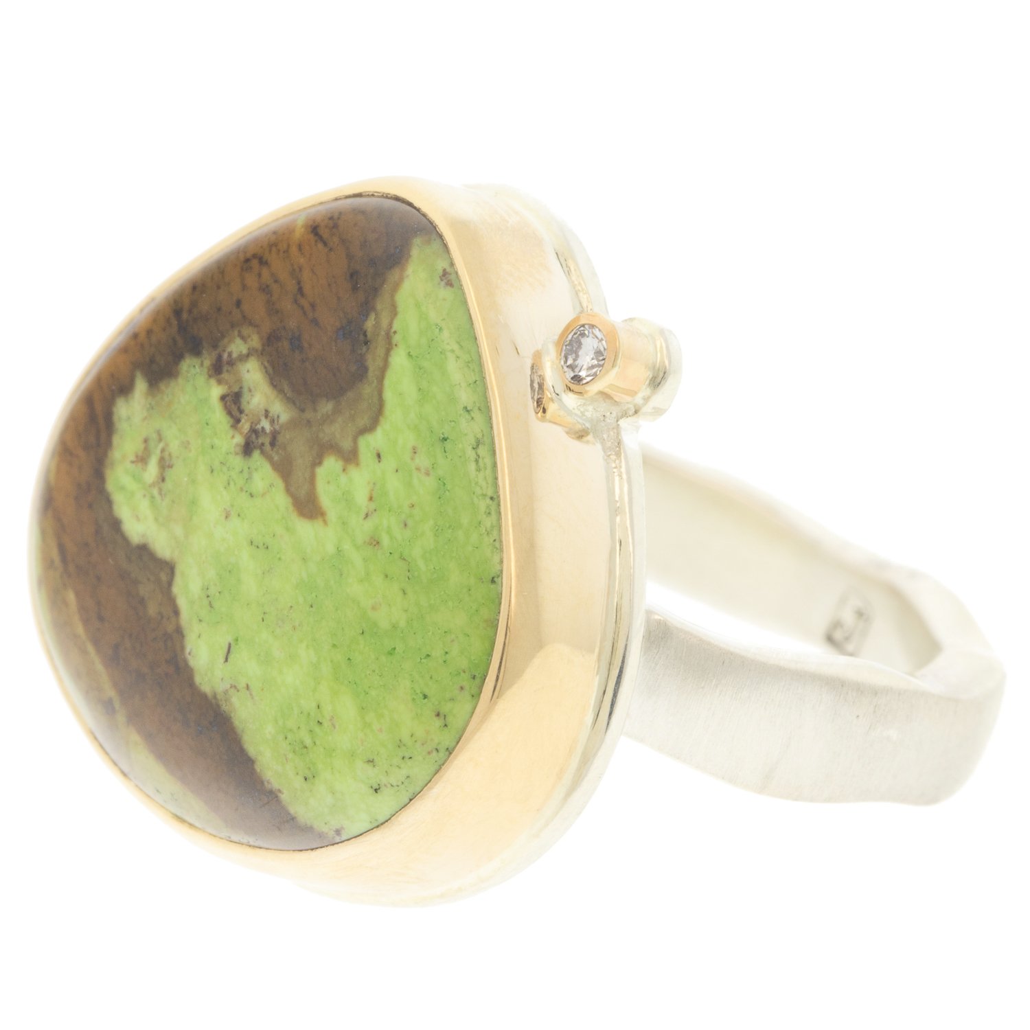 Jamie Joseph: Ring, Lotus, 14K gold bezel set Gaspeite, Satellite diamond .025ct, Sterling silver soft live edge band, Stone measures 11/16 x 3/4, Currently available in size 7