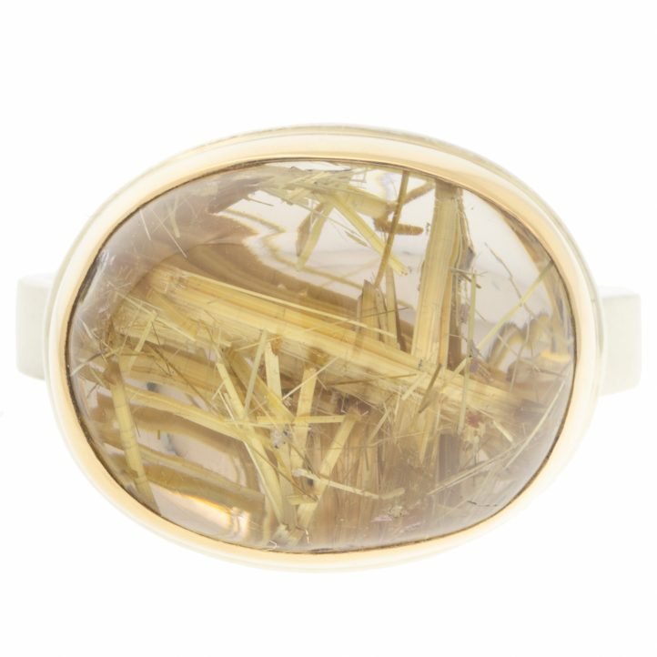 Jamie Joseph: Ring, Oval smooth, 14K yellow gold bezel set golden rutilated quartz, Sterling silver X band, Stone measures 9/16 x 11/16, Currently available in size 6 3/4