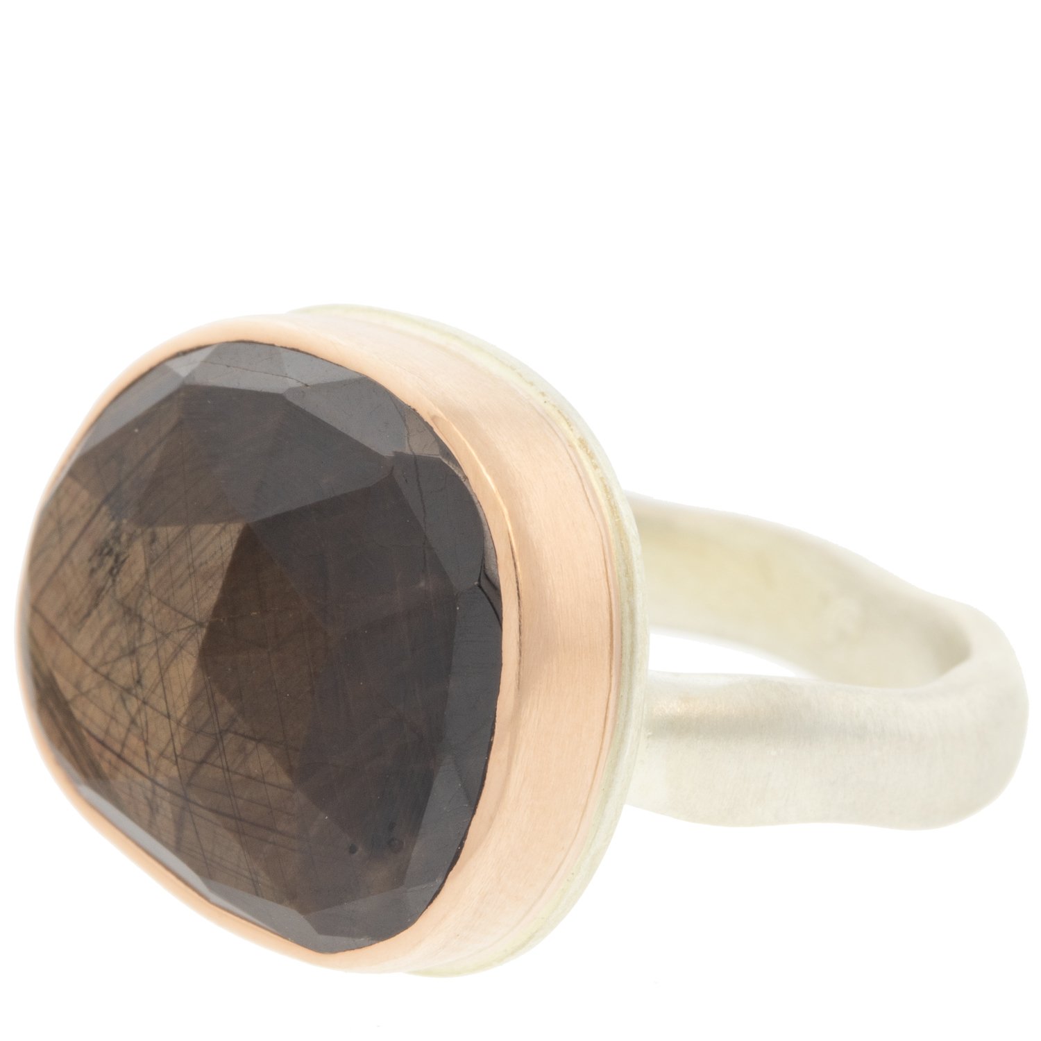 Jamie Joseph: Ring, Asymmetrical rose cut, 14K rose gold bezel set brown sapphire, Sterling silver middle groovy band, Stone measures 9/16 x 5/8, Currently available in size 7 1/4