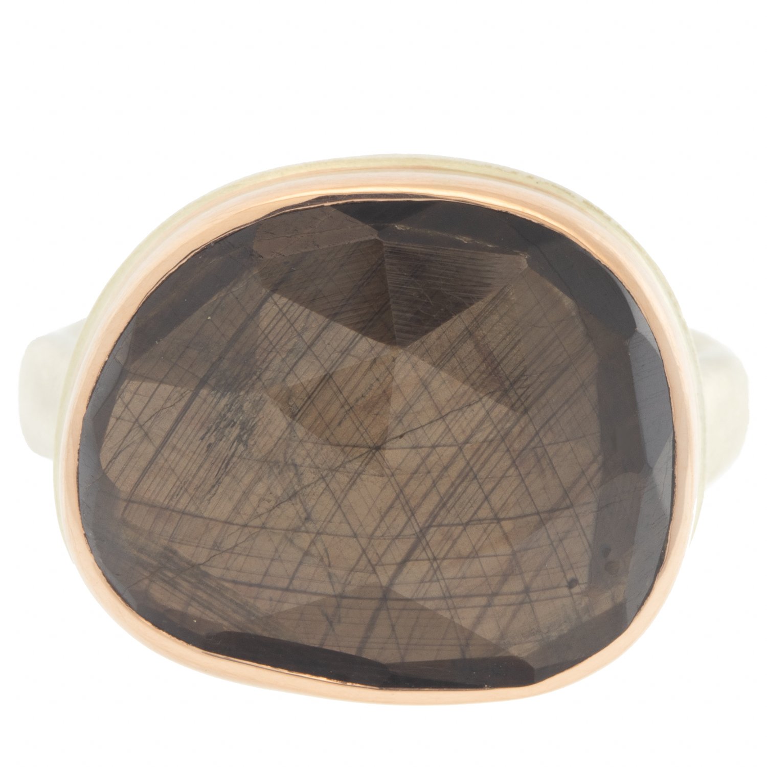 Jamie Joseph: Ring, Asymmetrical rose cut, 14K rose gold bezel set brown sapphire, Sterling silver middle groovy band, Stone measures 9/16 x 5/8, Currently available in size 7 1/4