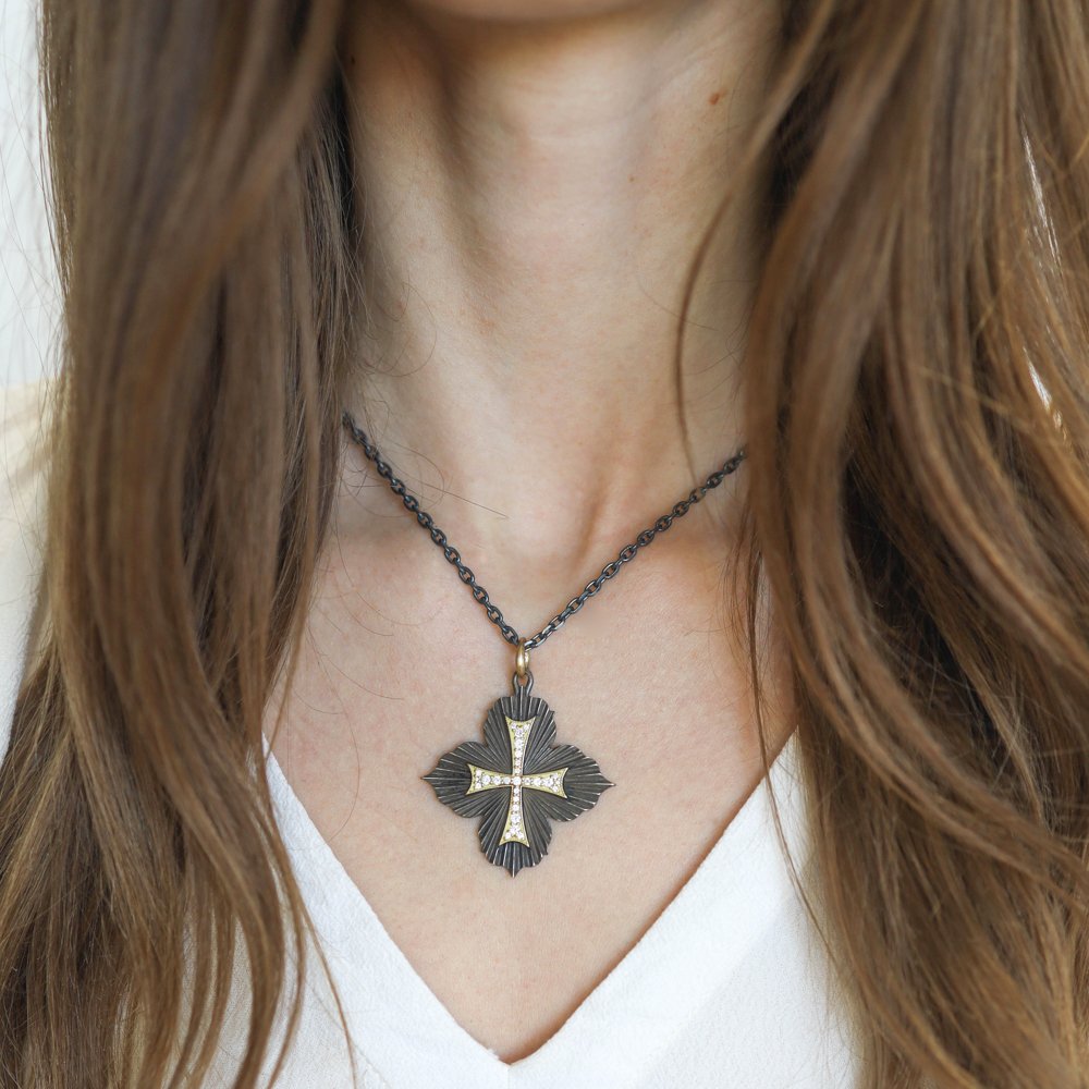 Erica Molinari Trunk Show: Charm, Large Ornate, 4 point Ruche, Maltese cross, "The past, present & future are all truly one. They are today", Diamonds, .21TCW, Sterling silver, 18K gold